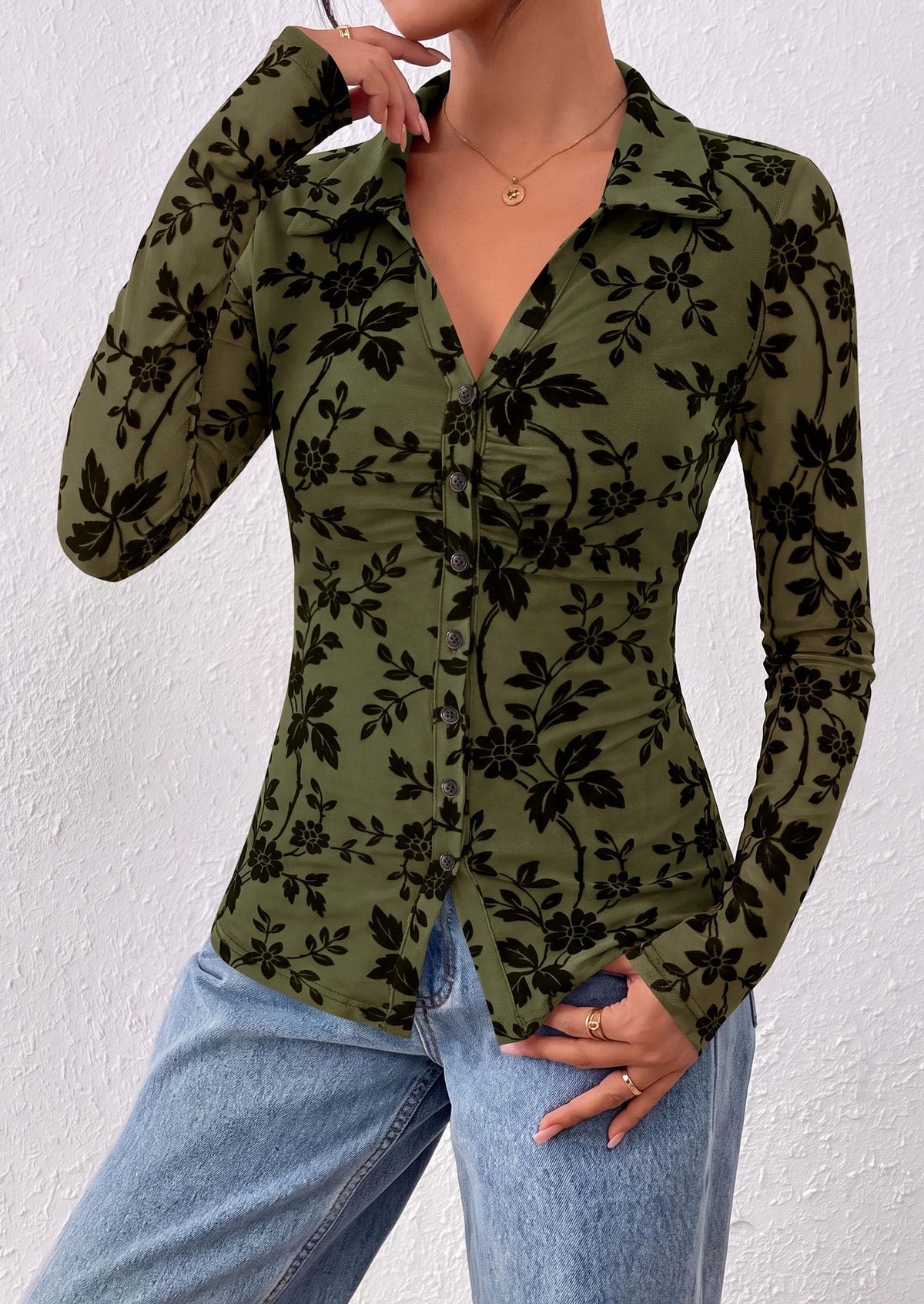 PRETTYGARDEN Women's Long Sleeve Floral Mesh Boho Tops Button Down Shirts Fall Blouses Dressy, Ruched Slim Fit, Collared V Neck, Trendy Going Out Date Night Outfit, Elegant Casual Work Office Clothes
