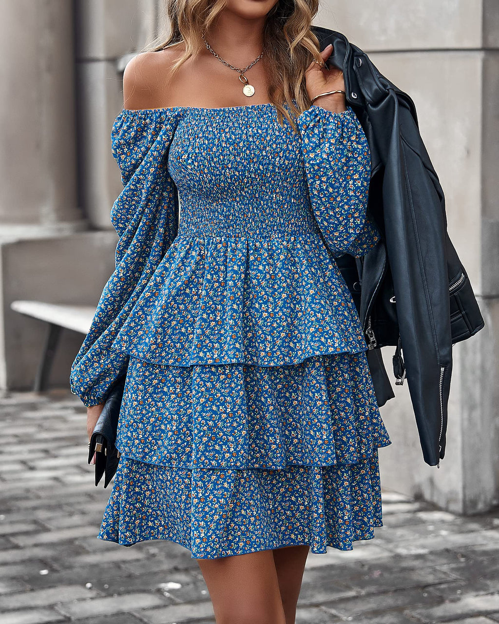 BTFBM Womens Long Sleeve Dress Summer Vacation Square Neck Smocked Floral Mini Boho Spring Wedding Guest Dresses