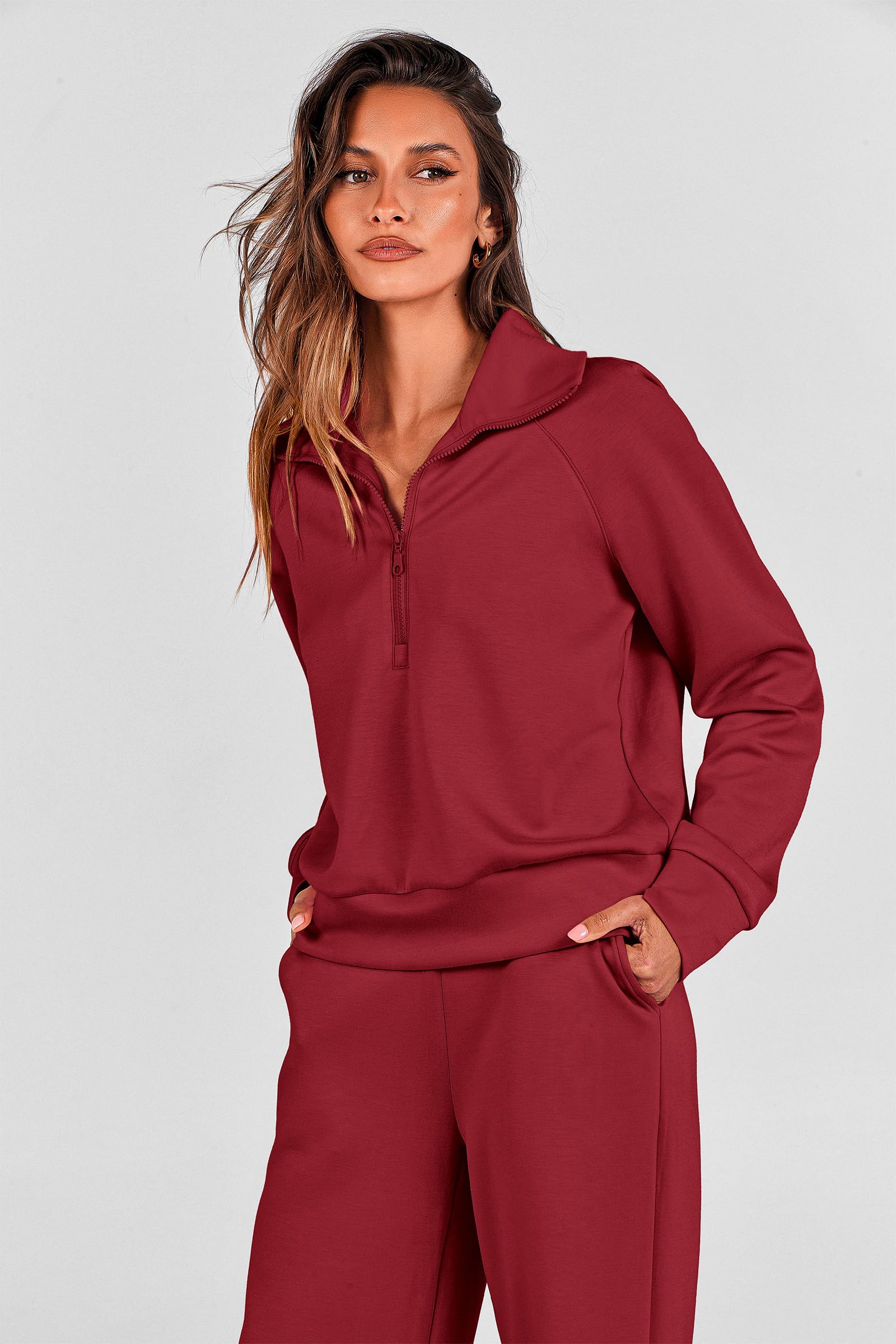 PRETTYGARDEN Women's 2 Piece Outfits Casual Lapel Half Zip Sweatshirts and Wide Leg Pants Tracksuit Sets