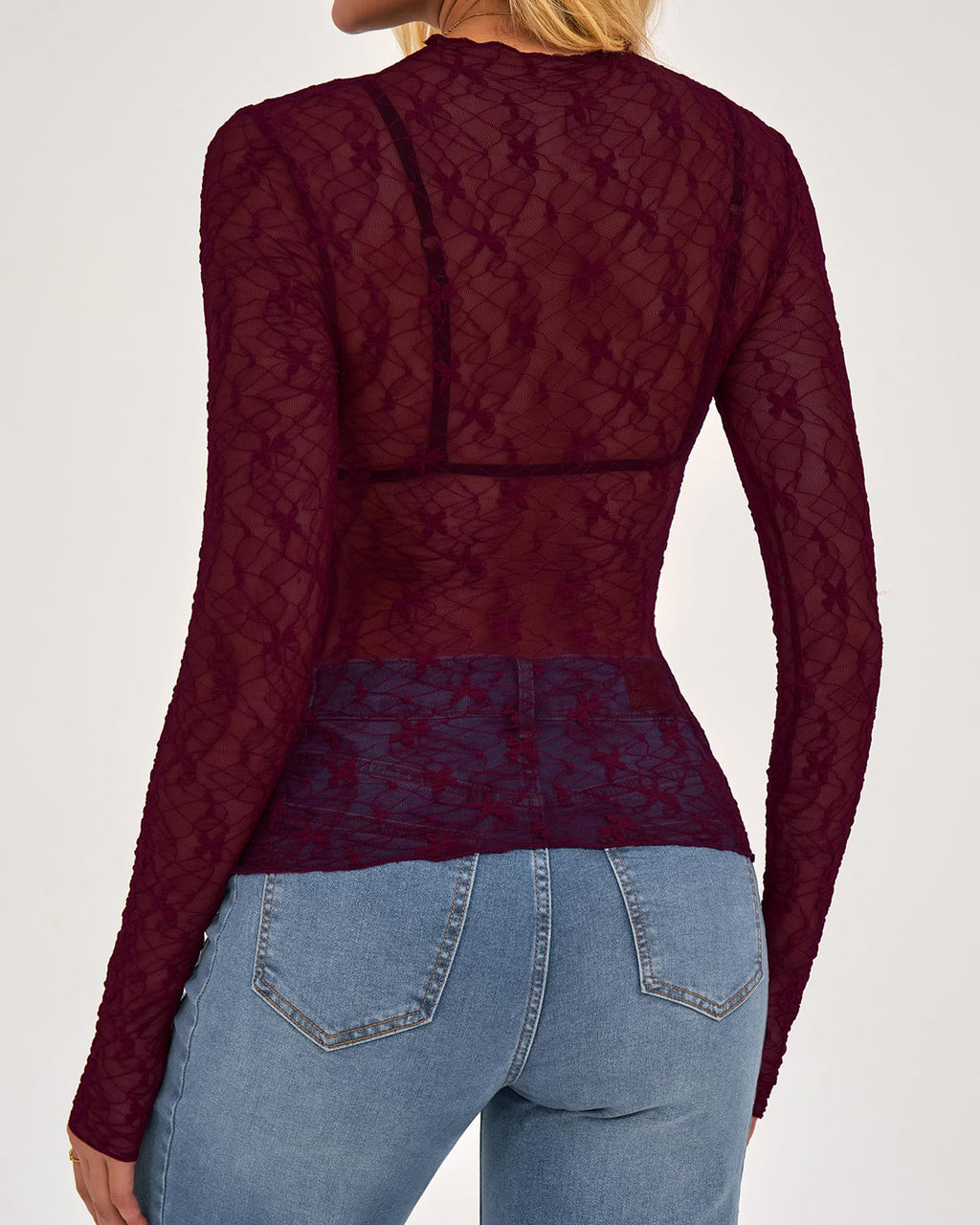 FreshPretty  Mesh Lace Tops Long Sleeve Shirts for Women Spring Fall See Through Crew Neck Slim Fitted Party Club Outfits