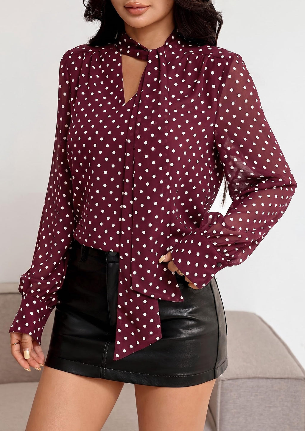 PRETTYGARDEN Women Chiffon Boho Blouses Dressy Casual Flowy Fall Tops, Long Sleeve V Neck Shirts with Tie, Elegant Date Night Outfit for Work Office, Going Out