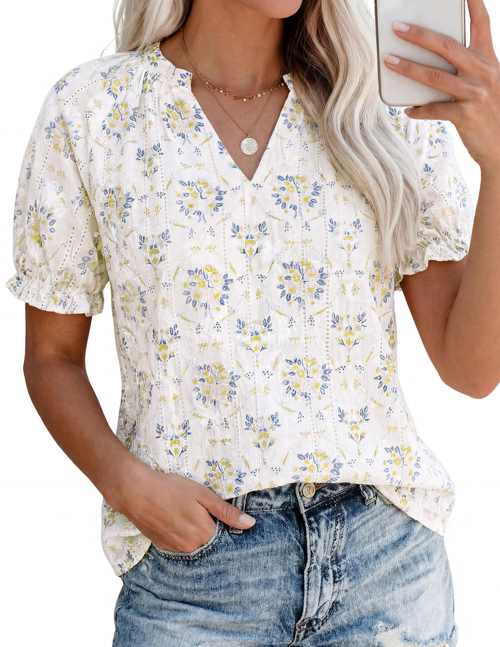 PRETTYGARDEN Summer Short Sleeve V Neck Shirts for Women Trendy Floral Print Loose Ruffle Tops Business Casual Blouses