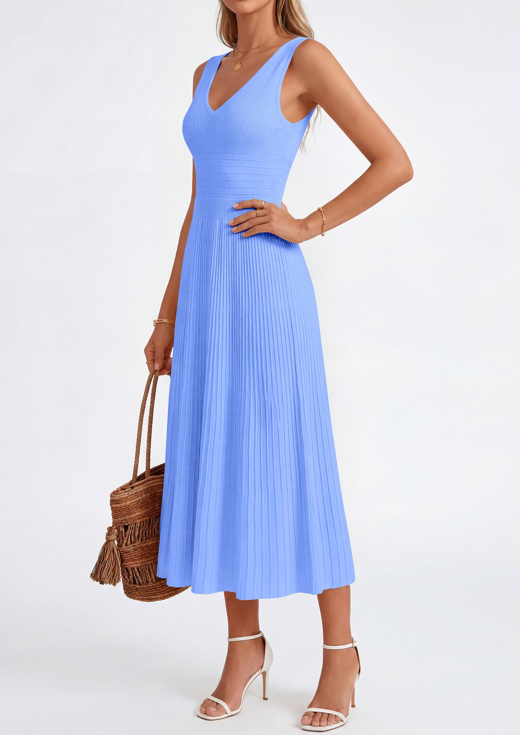 PRETTYGARDEN Women's Summer Casual Dresses Spring Sleeveless V Neck Knit Midi Business Work A Line Cocktail Dress