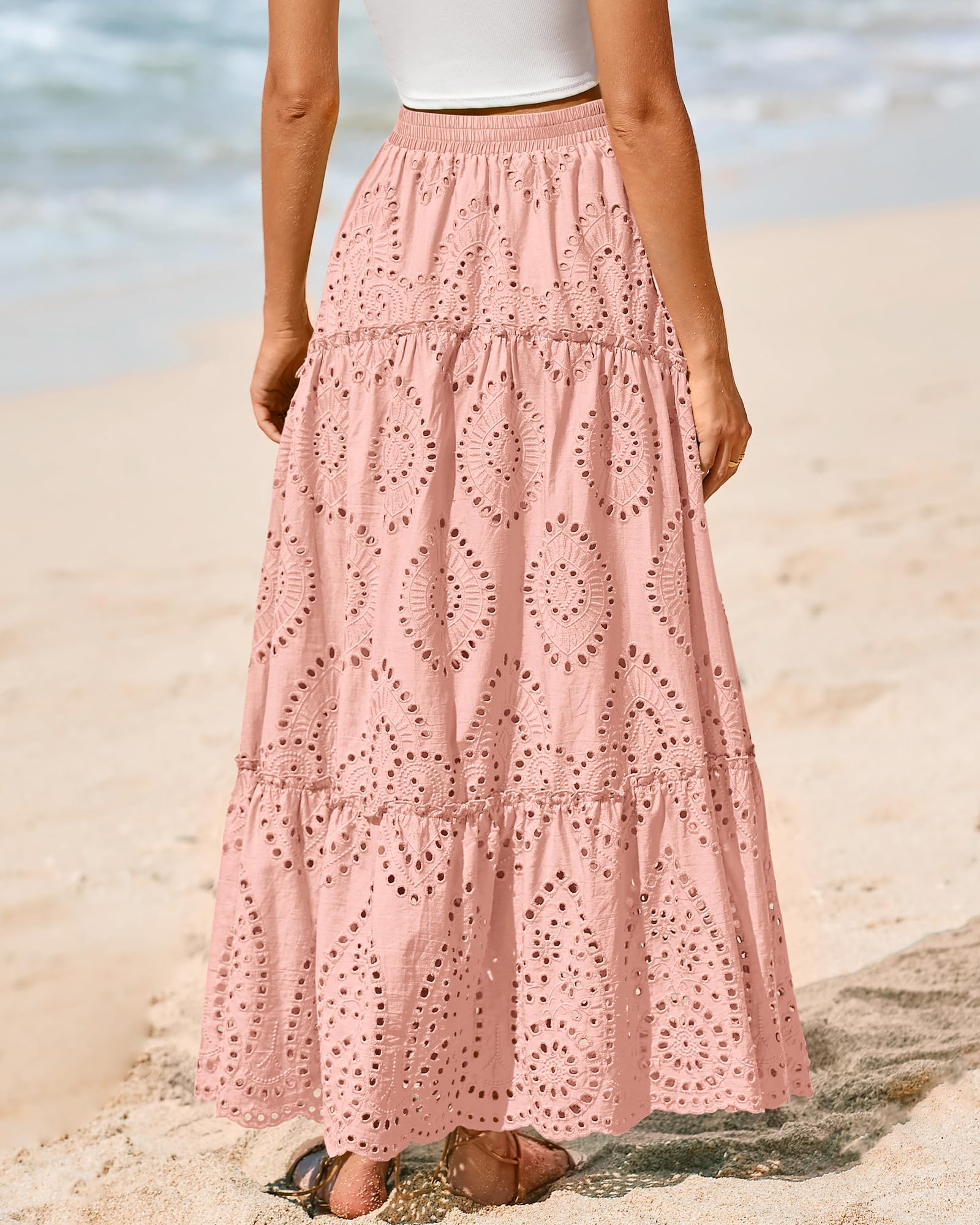 BTFBM Long Skirts for Women Summer Boho Lace Embroidery High Waist Flowy Tiered Spring Maxi Skirt Beach Vacation