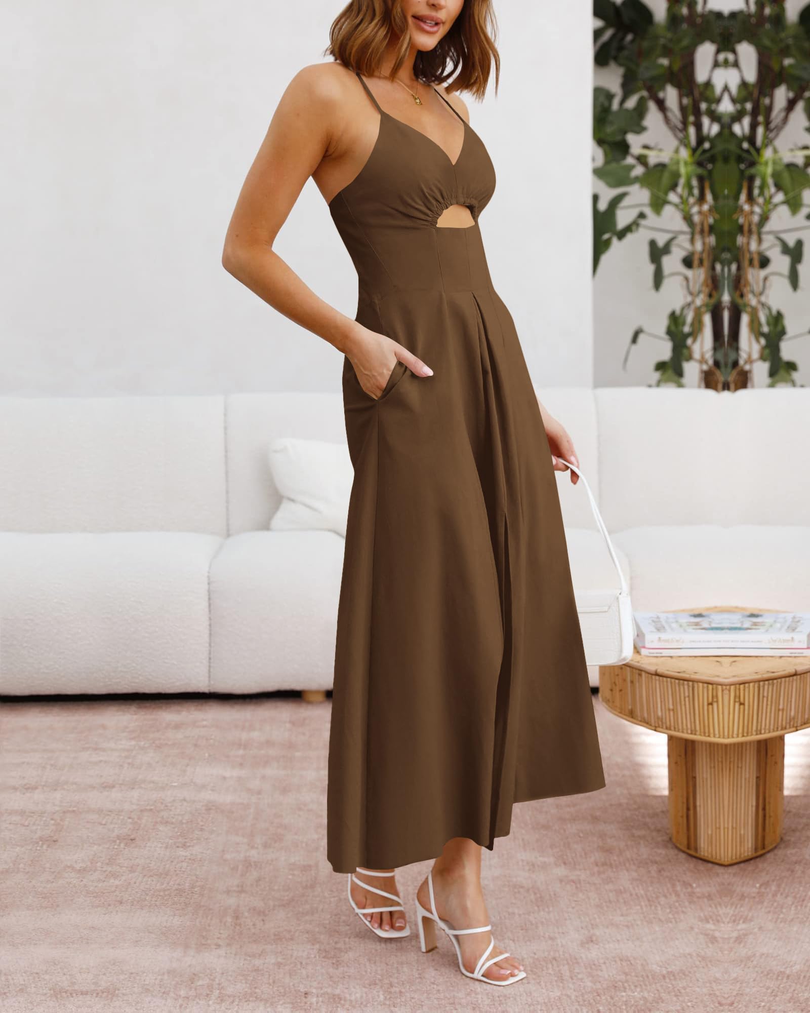 BTFBM Women Spaghetti Strap Midi Summer Dresses Sleeveless V Neck Cutout Slit Casual Beach Party Maxi Dress Pockets