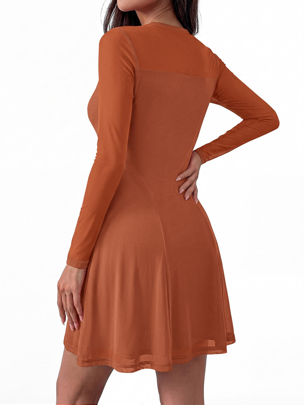 BTFBM Women’s Mini Dress Sheer Mesh Long Sleeve Crew Neck Flowy A Line Casual Cocktail Party Going Out Dresses Fall