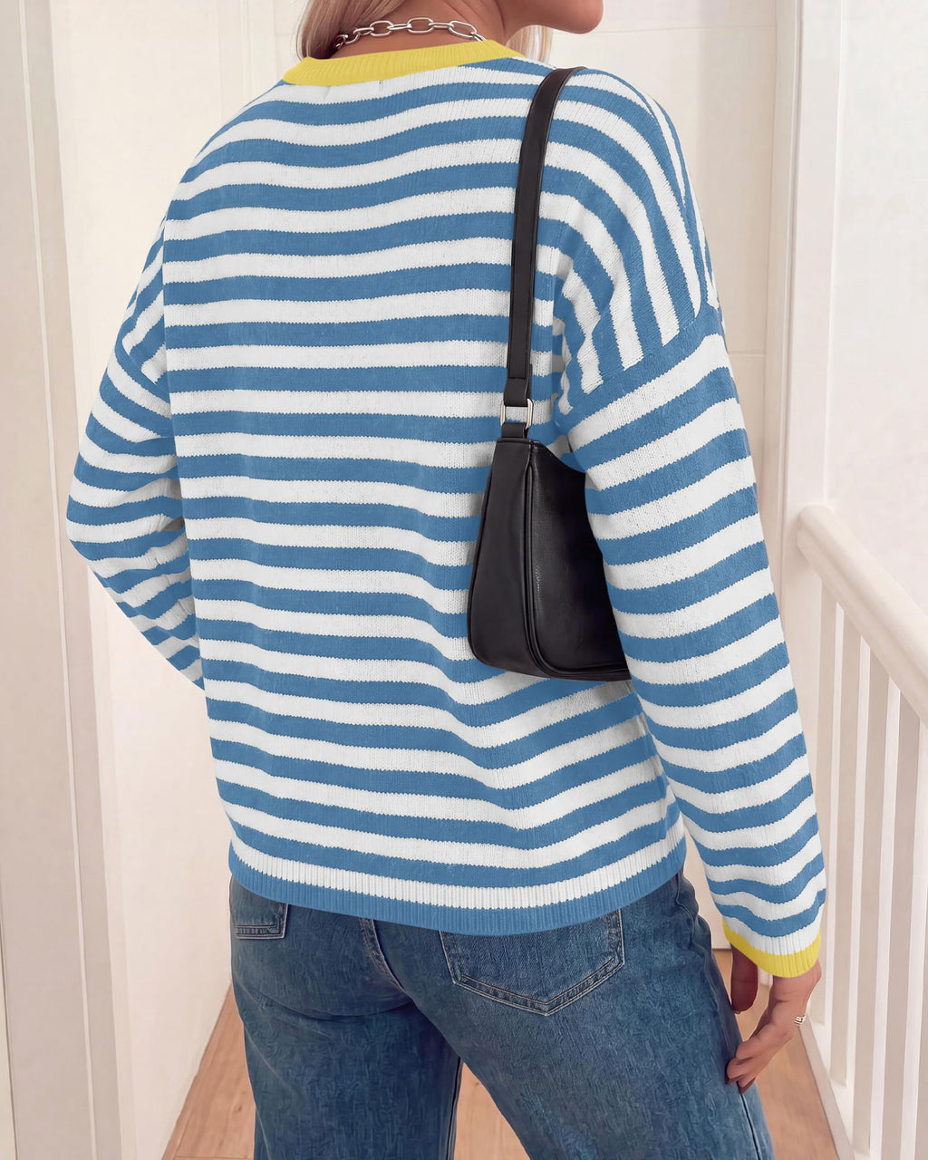 BTFBM Women's Lightweight Oversized Striped Sweater | Soft Knit Cozy Sweaters, Crew Neck Long Sleeve Pullover, y2k Color Block, Casual Holiday Outfits, Winter Fall Clothes