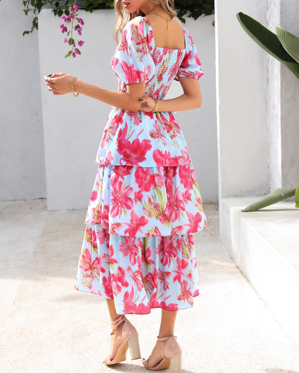 BTFBM Womens Square Neck Smocked Dress Summer Puff Short Sleeve Floral Casual Ruffle Tiered Maxi Wedding Guest Dresses