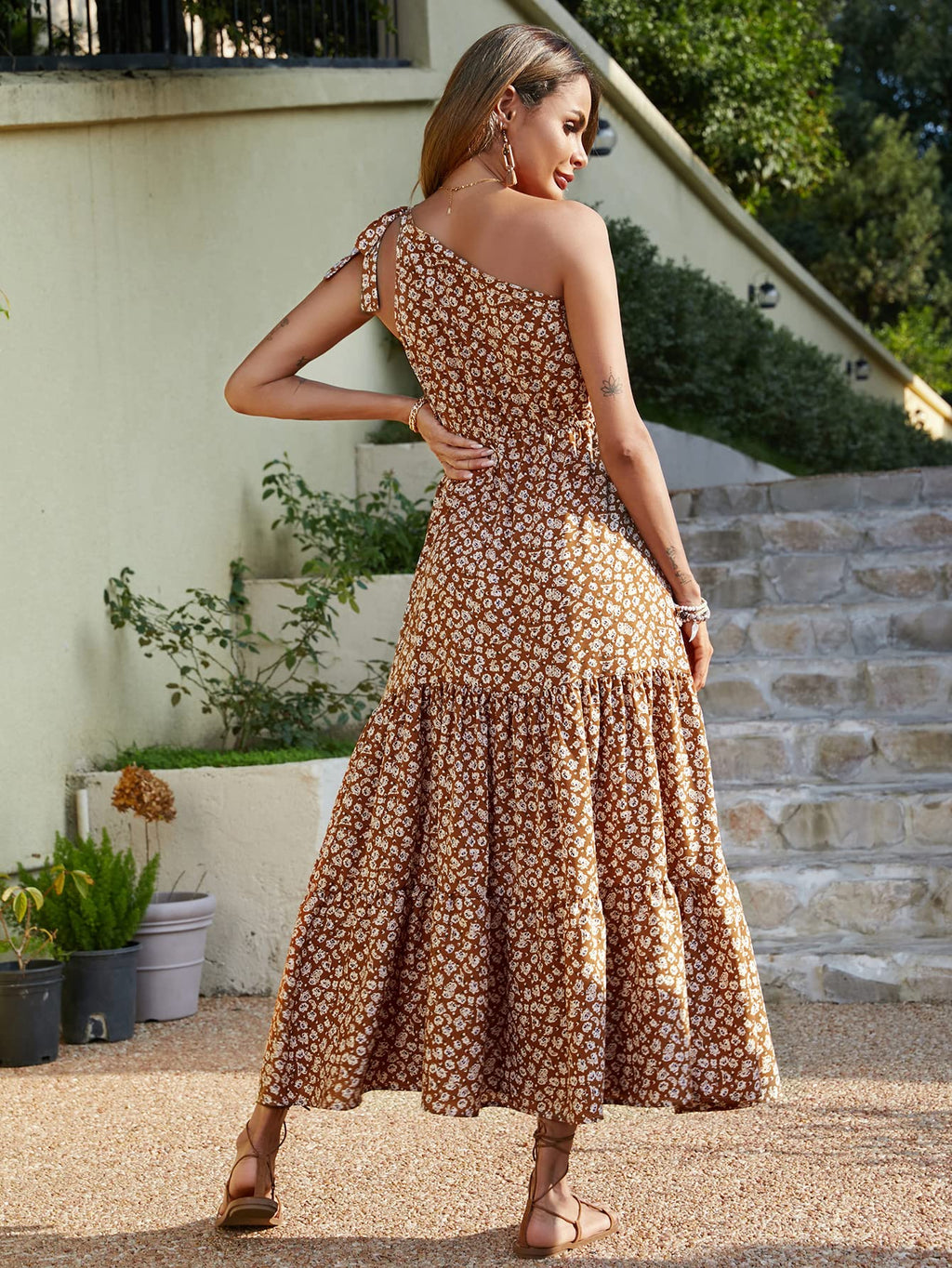PRETTYGARDEN Women's Summer Floral One Shoulder Maxi Dress Knot Ruffle Boho Beach Vacation Wedding Guest Long Sun Dresses