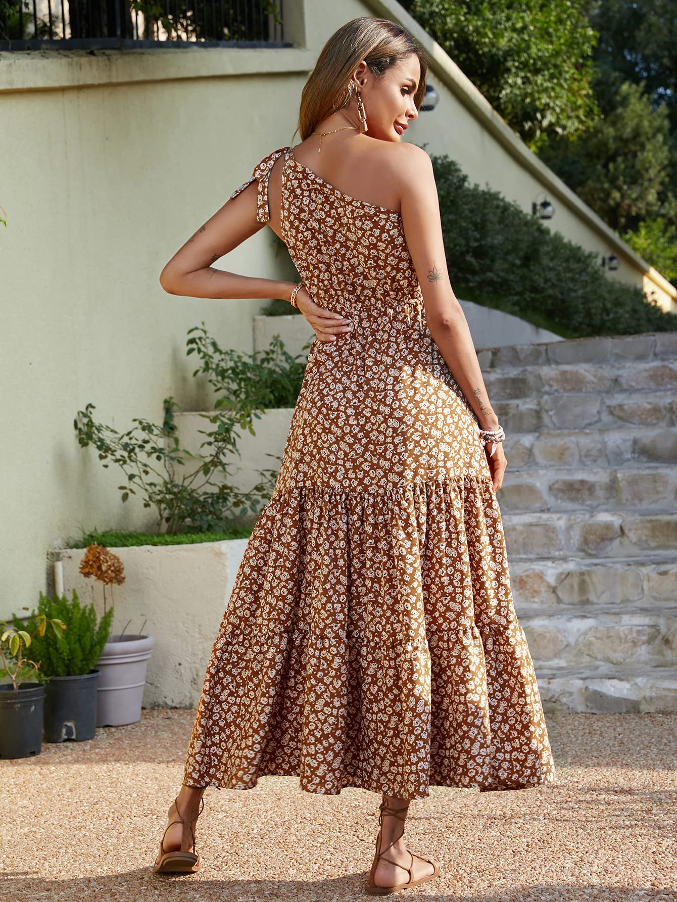 PRETTYGARDEN Women's Summer Floral One Shoulder Maxi Dress Knot Ruffle Boho Beach Vacation Wedding Guest Long Sun Dresses