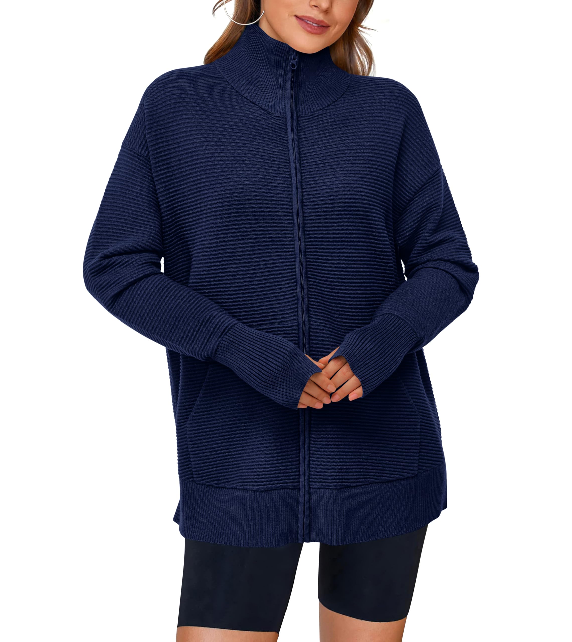 PRETTYGARDEN Womens Fall Long Sleeve Zip Up Cardigan Sweaters Casual Loose Collared Ribbed Knit Tops Jackets Thumb Hole