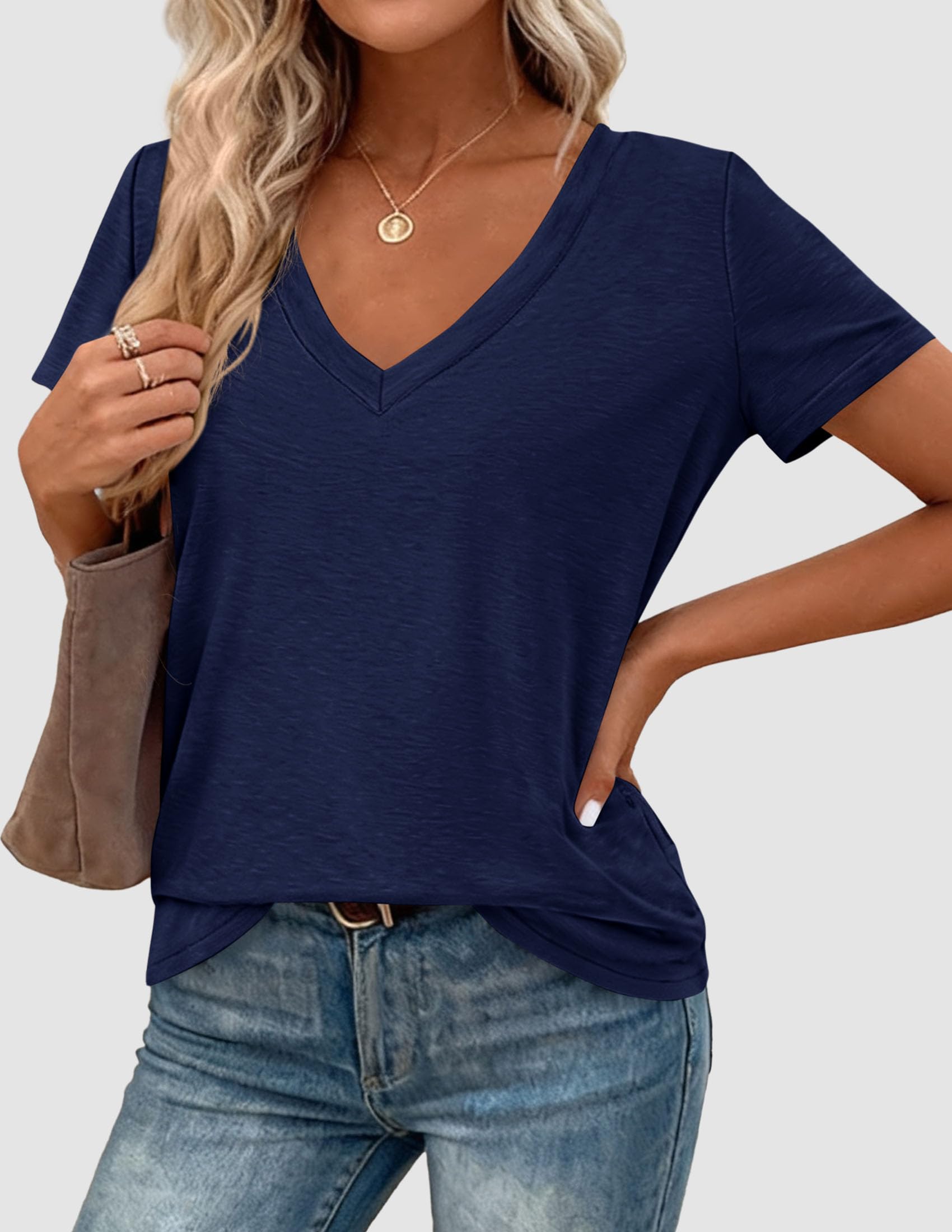 PRETTYGARDEN Womens Tops Short Sleeve Oversized Tshirts Shirts Summer Casual V Neck Loose Basic Tees Spring Tunic Blouse