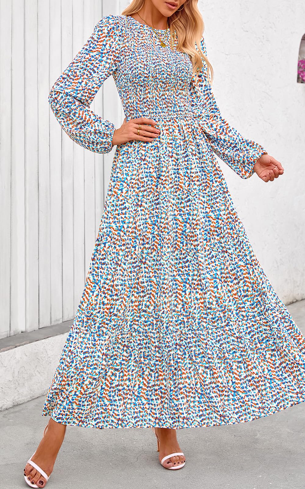 PRETTYGARDEN Women's Fall Dresses Long Sleeve Flowy Casual Floral Maxi Dress Crew Neck Smocked Tiered Long Dress