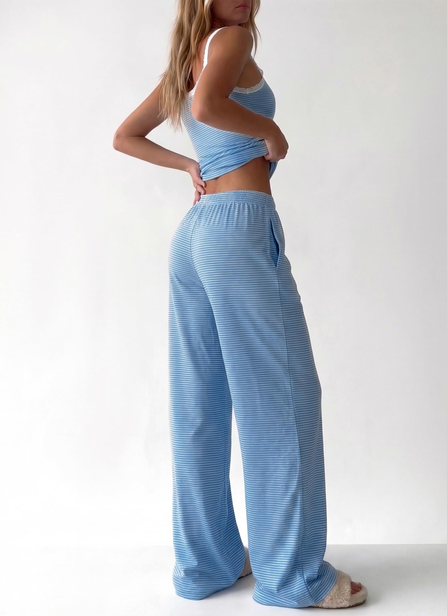 BTFBM Lounge Sets For Women Striped 2 Piece Pajama Sets Spaghetti Strap Tops Wide Leg Pants Beach Vacation Outfits