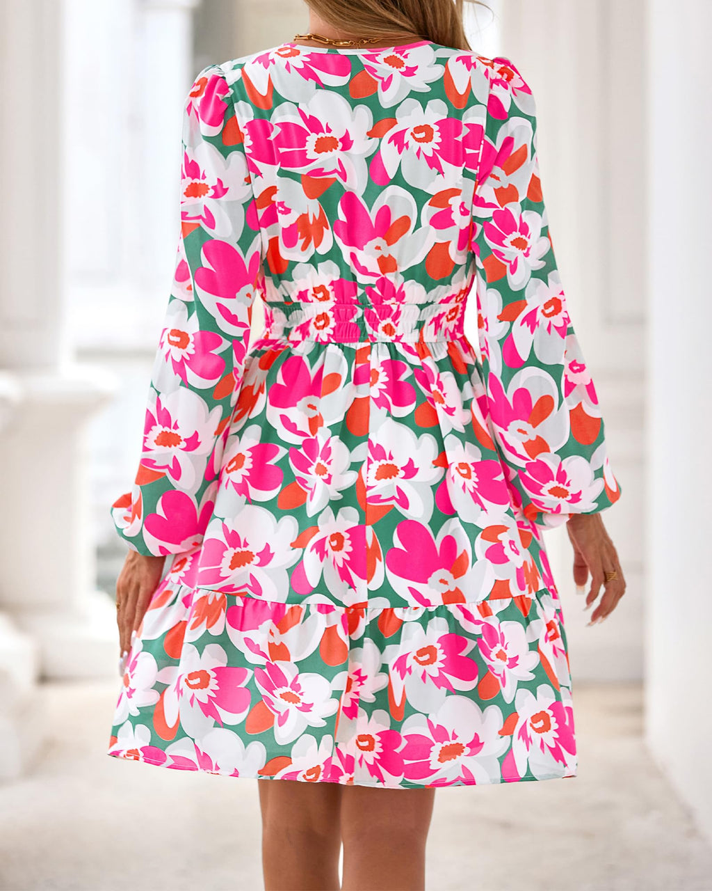 BTFBM Spring Dresses for Women Mini Long Sleeve Elastic Waist Summer Vacation Outfits Floral Wedding Guest Dress