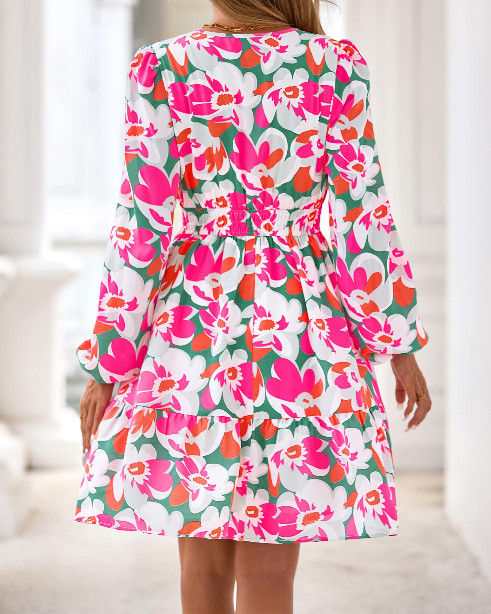 BTFBM Spring Dresses for Women Mini Long Sleeve Elastic Waist Summer Vacation Outfits Floral Wedding Guest Dress
