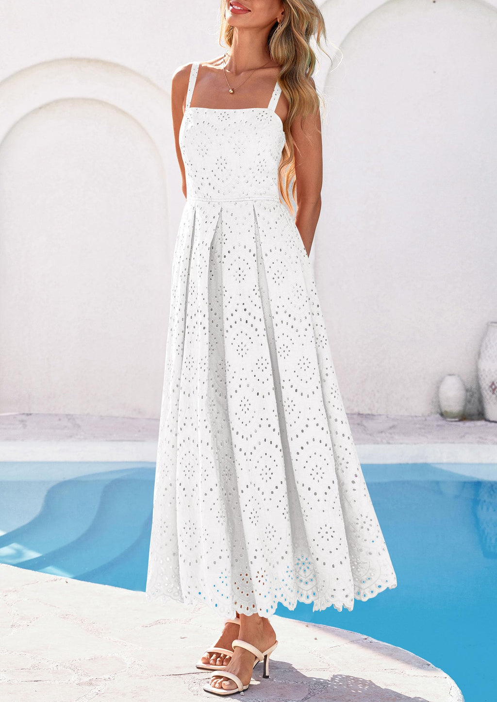 PRETTYGARDEN Womens Sleeveless Maxi Summer Dresses Hollow Out Eyelet Square Neck Ruffle Flowy Beach Vacation Sundress