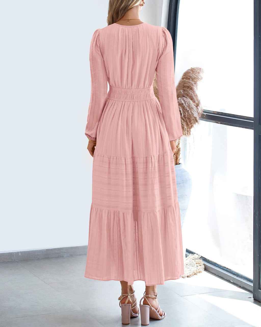 BTFBM Spring Dresses for Women 2026 Casual Long Sleeve V Neck Elastic Waist Lightweight Maxi Wedding Guest Dress Pockets