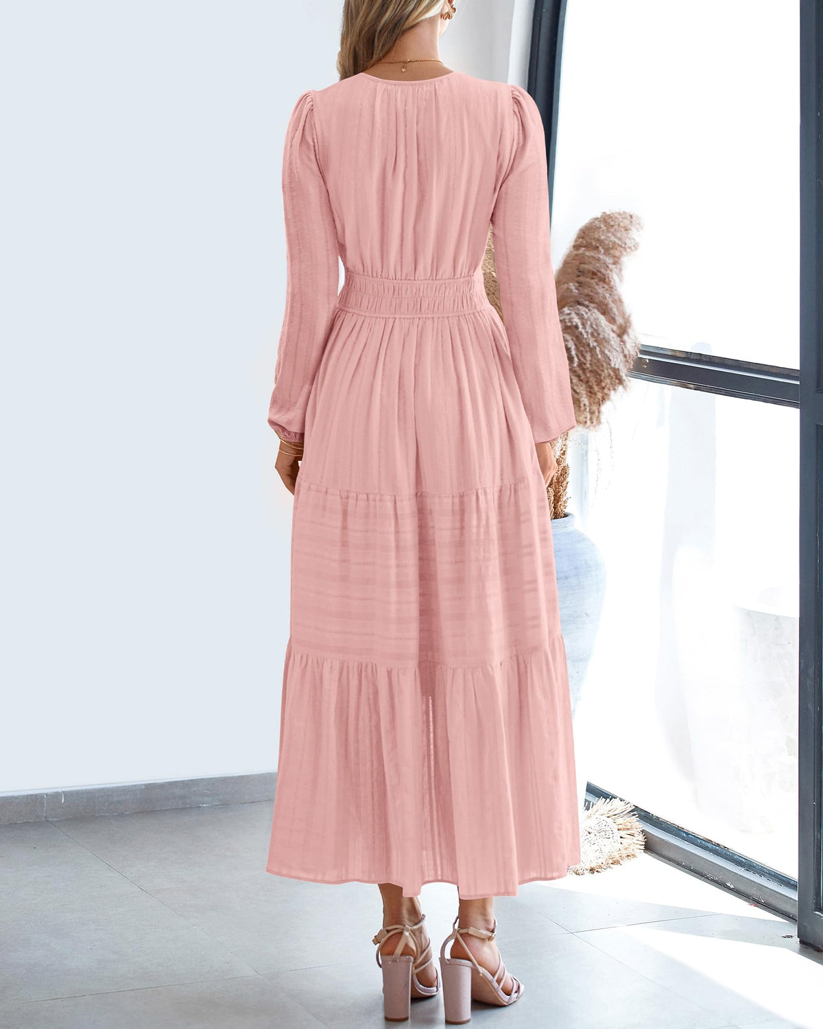 BTFBM Spring Dresses for Women 2026 Casual Long Sleeve V Neck Elastic Waist Lightweight Maxi Wedding Guest Dress Pockets