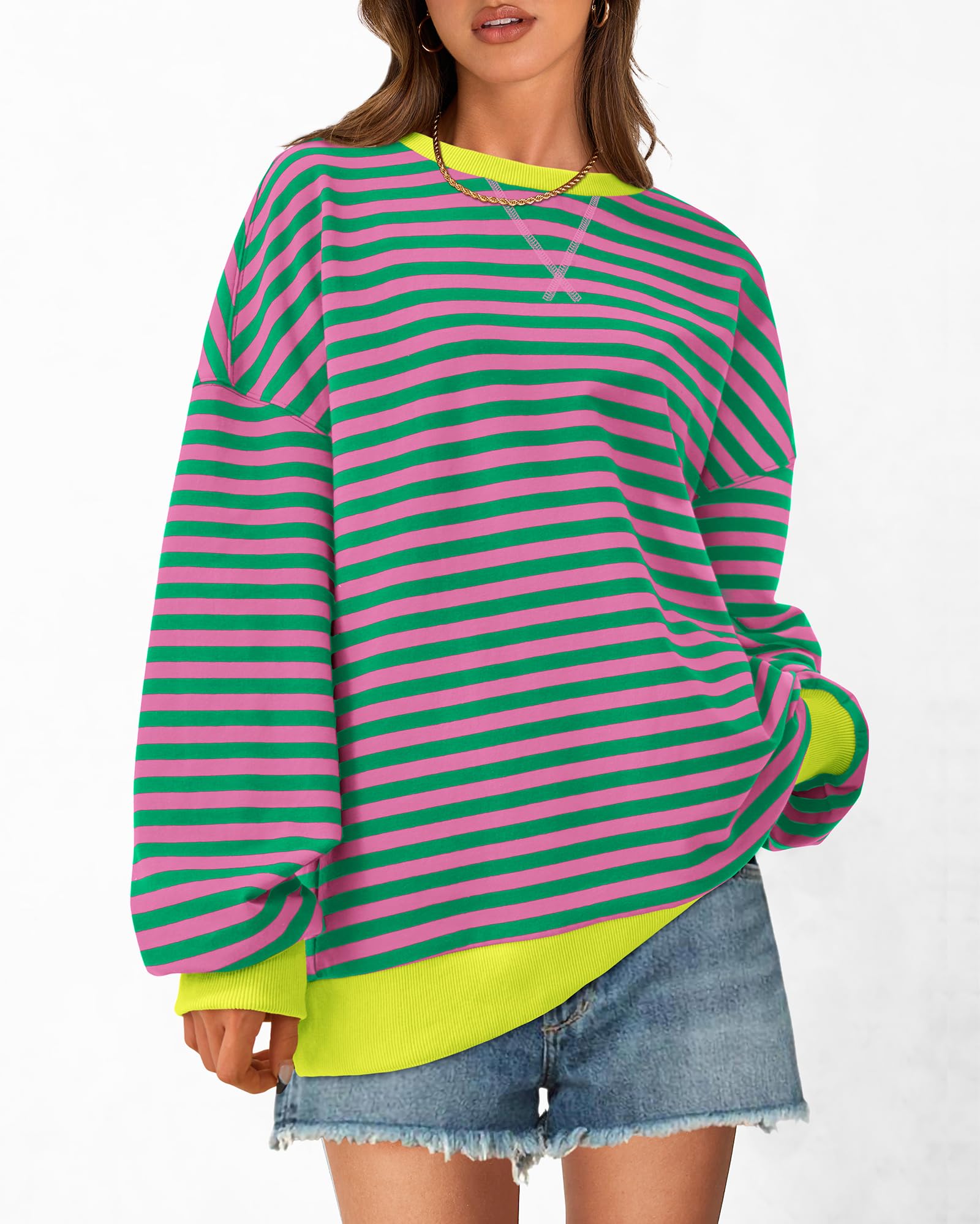 BTFBM Sweatshirt For Women Summer Crewneck Long Sleeve Oversized Striped Pullover Tops Y2K Clothes Workout Shirt