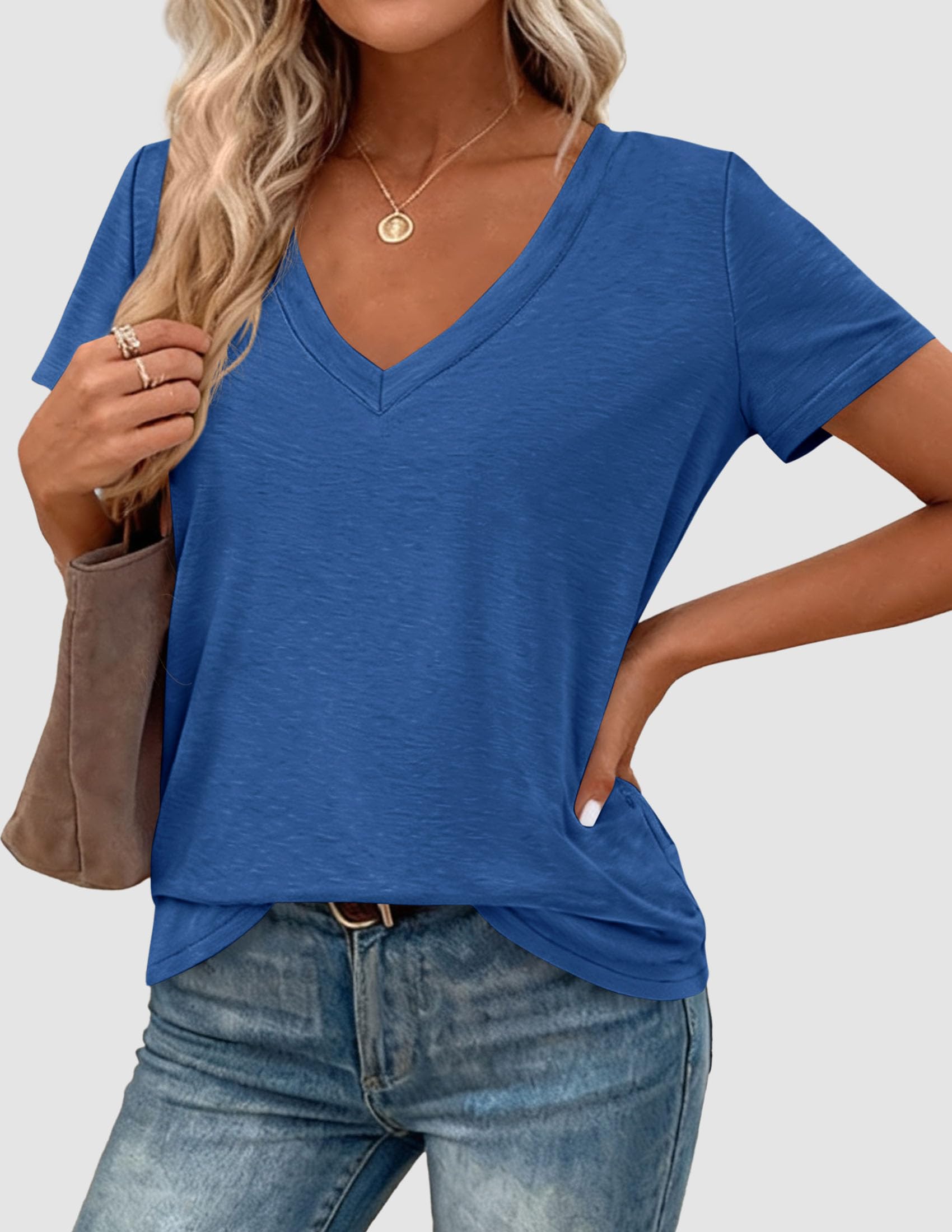PRETTYGARDEN Womens Tops Short Sleeve Oversized Tshirts Shirts Summer Casual V Neck Loose Basic Tees Spring Tunic Blouse