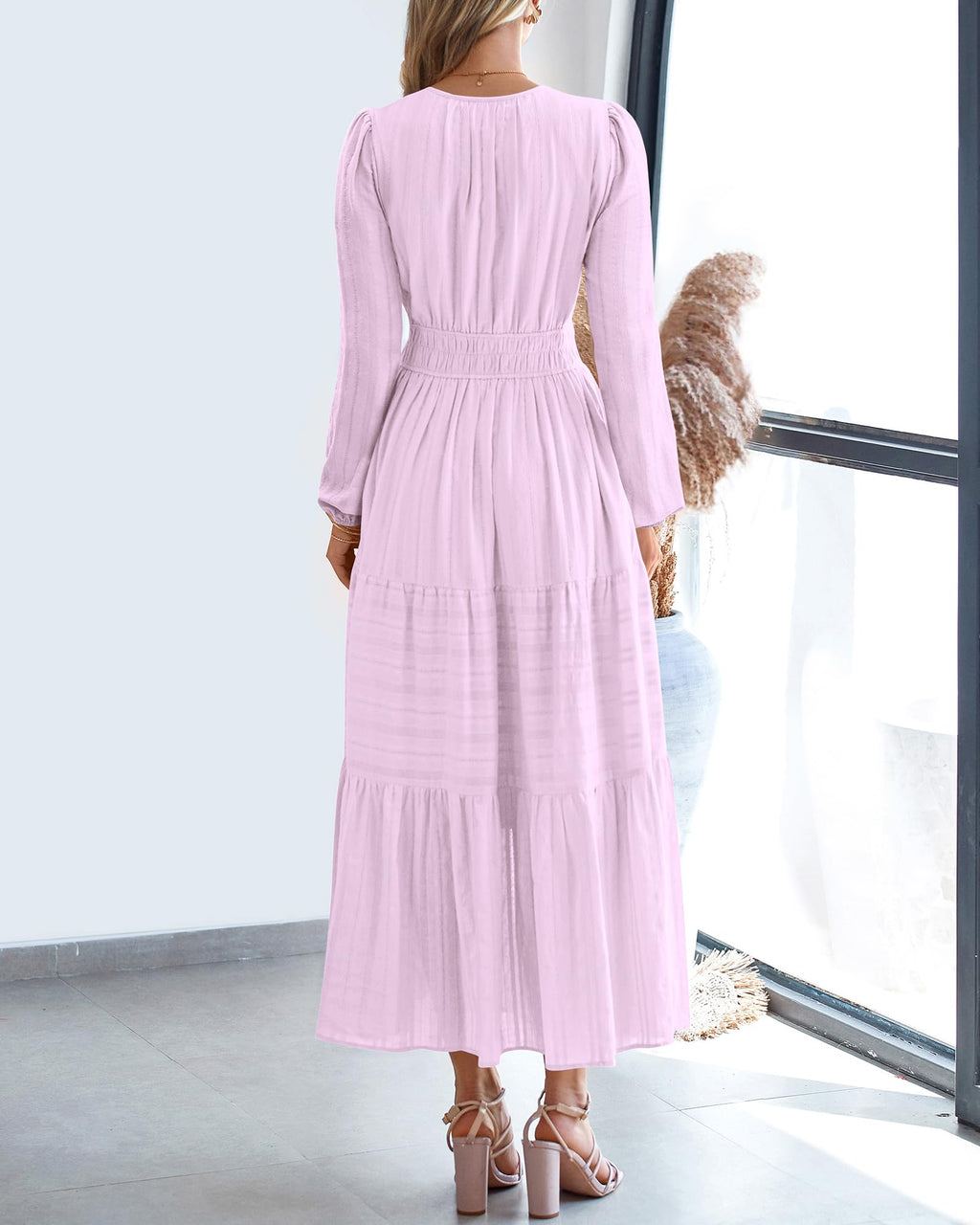 BTFBM Spring Dresses for Women 2026 Casual Long Sleeve V Neck Elastic Waist Lightweight Maxi Wedding Guest Dress Pockets