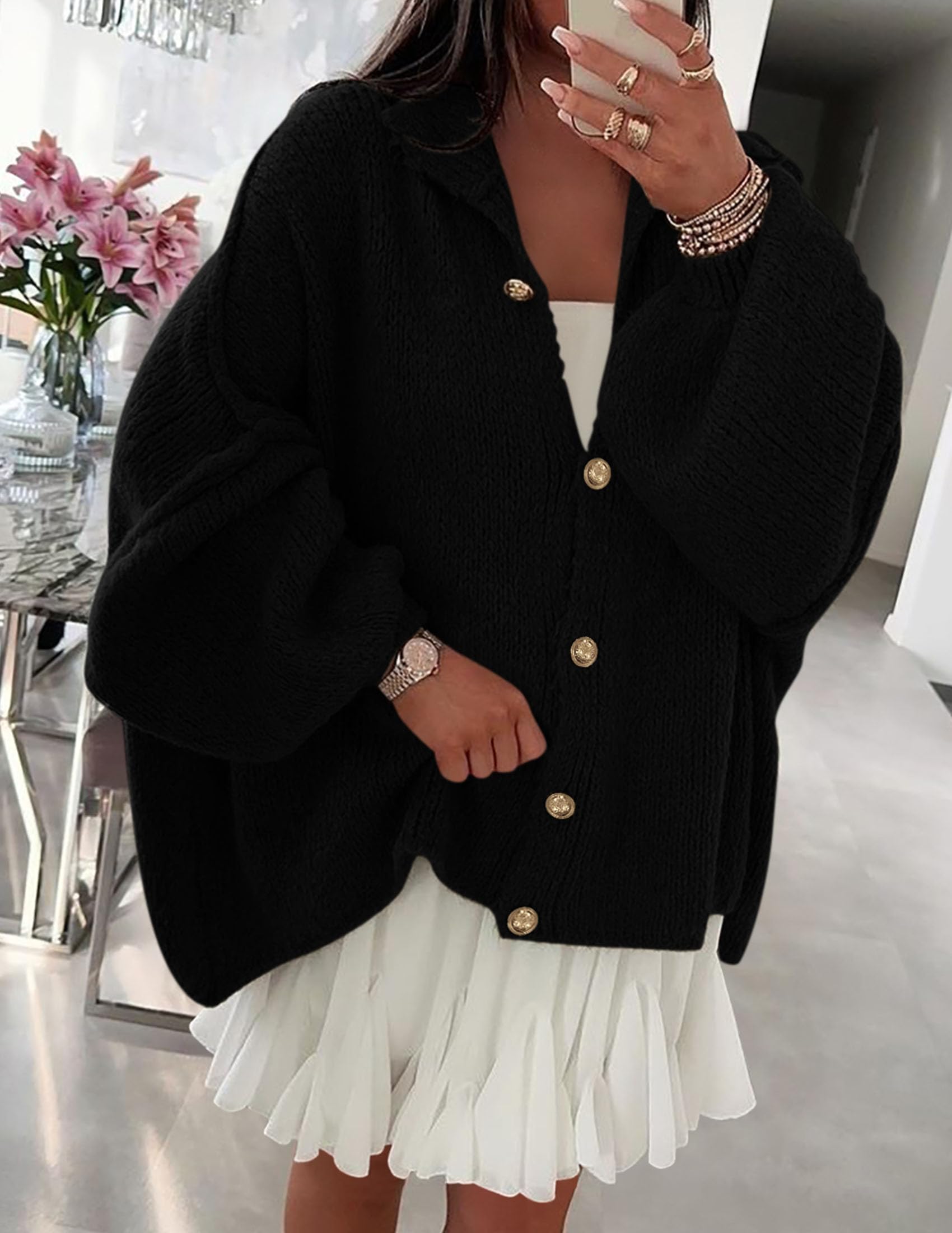 PRETTYGARDEN Women's Winter Button Down Cardigan Sweaters Mock Neck Lantern Long Sleeve Chunky Knit Jacket Trendy Outerwear