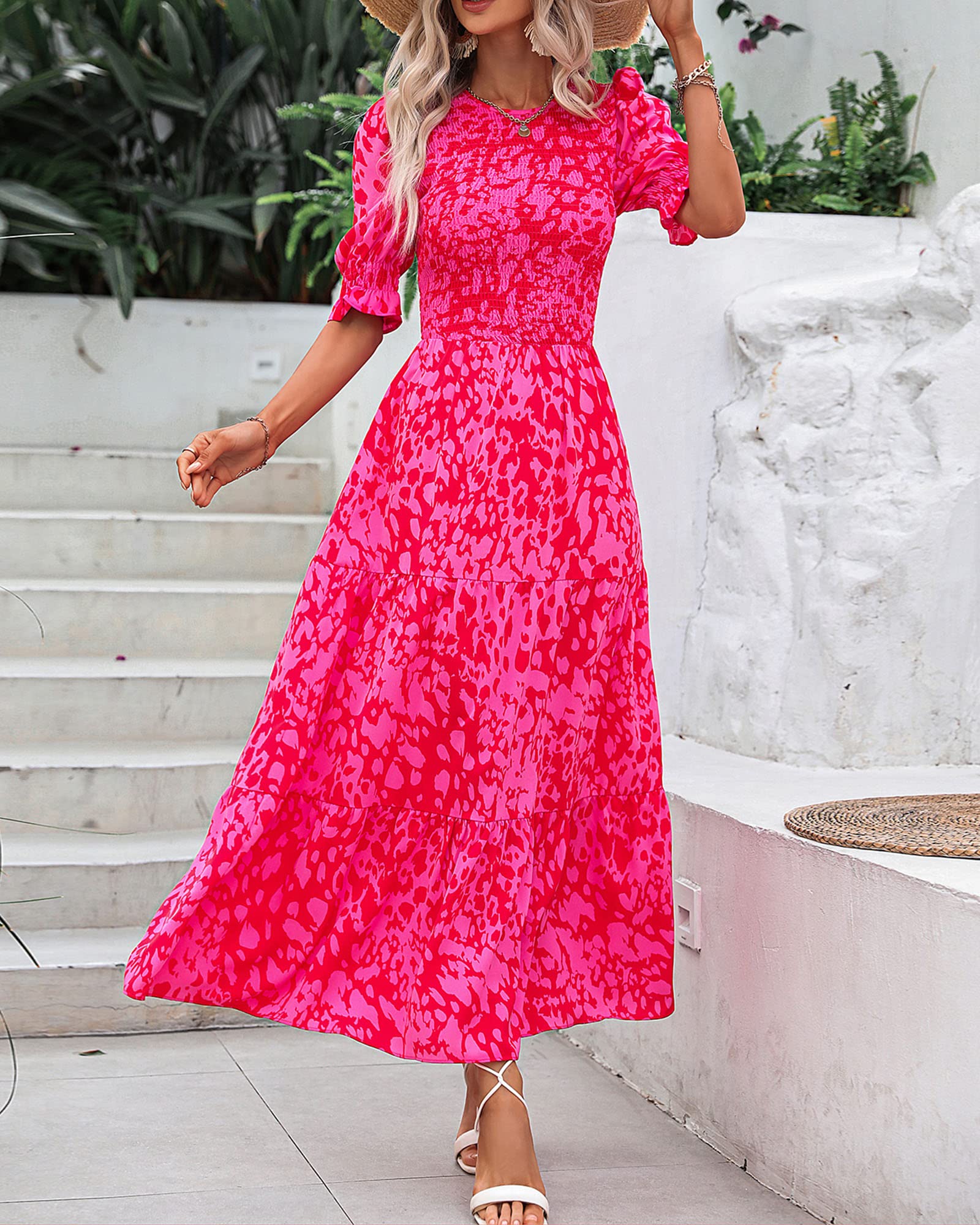 FreshPretty Women Casual Summer Dresses Spring Crew Neck Ruffle Short Sleeve Floral Print Smocked Boho Flowy Maxi Dress