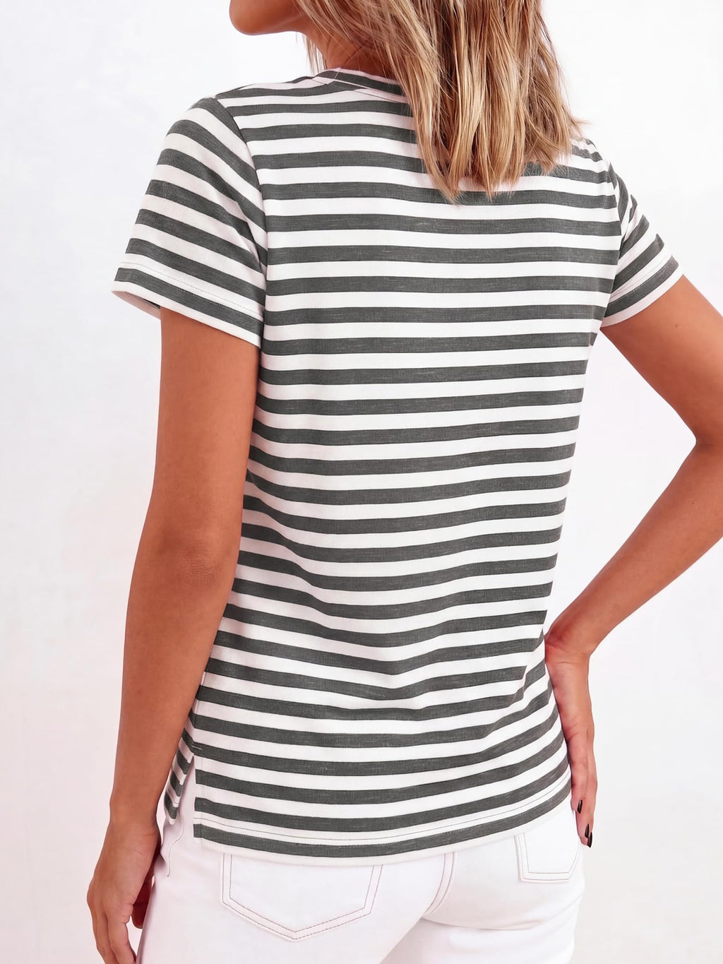 BTFBM Tops for Women Trendy Summer Crew Neck Short Sleeve T Shirts Striped Casual Vacation Blouse Basic Tee