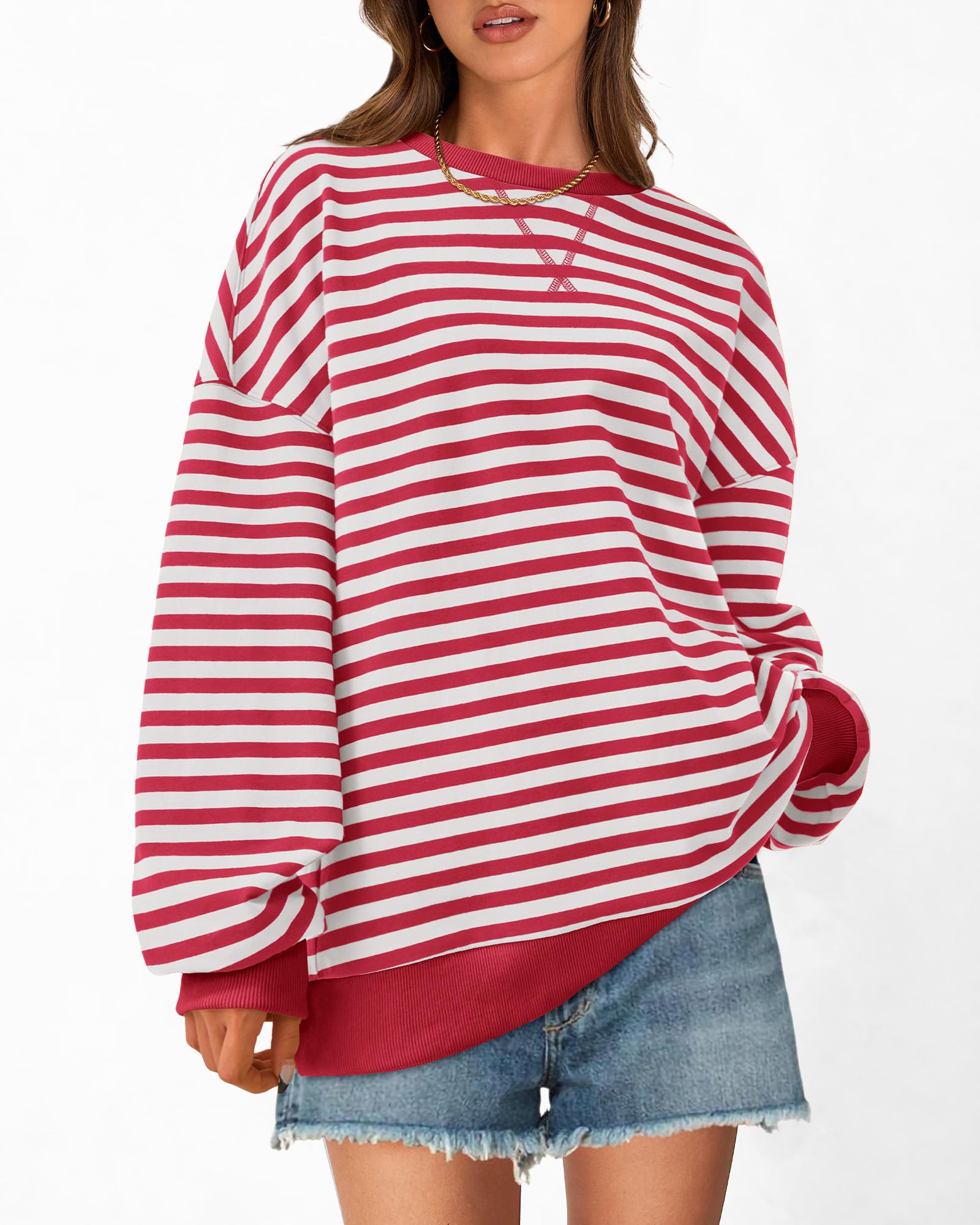 BTFBM Sweatshirt For Women Summer Crewneck Long Sleeve Oversized Striped Pullover Tops Y2K Clothes Workout Shirt