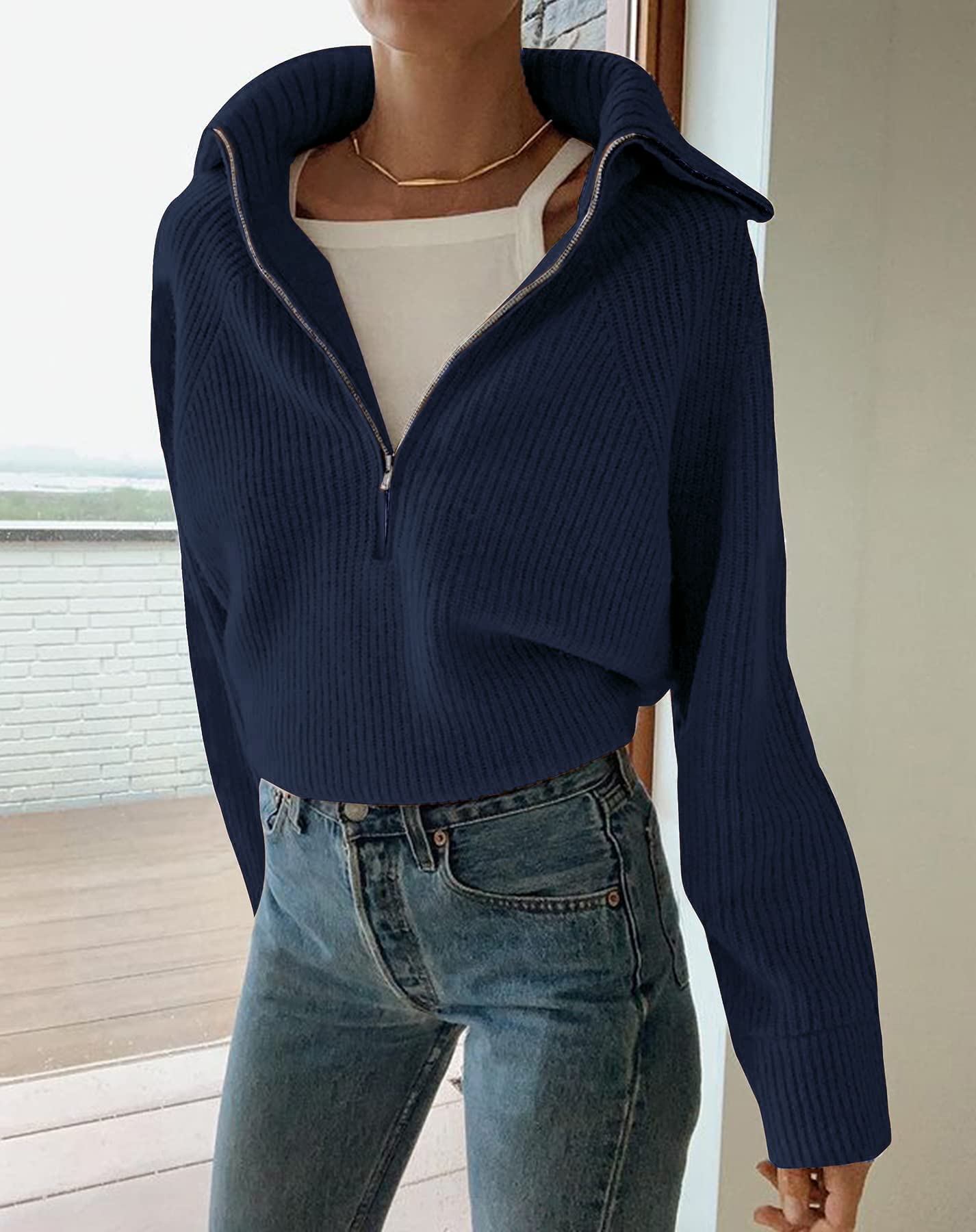 BTFBM Womens Sweaters Quarter Zip Pullover V Neck Collar Long Sleeve Ribbed Knit Loose Casual Winter Fall Sweater