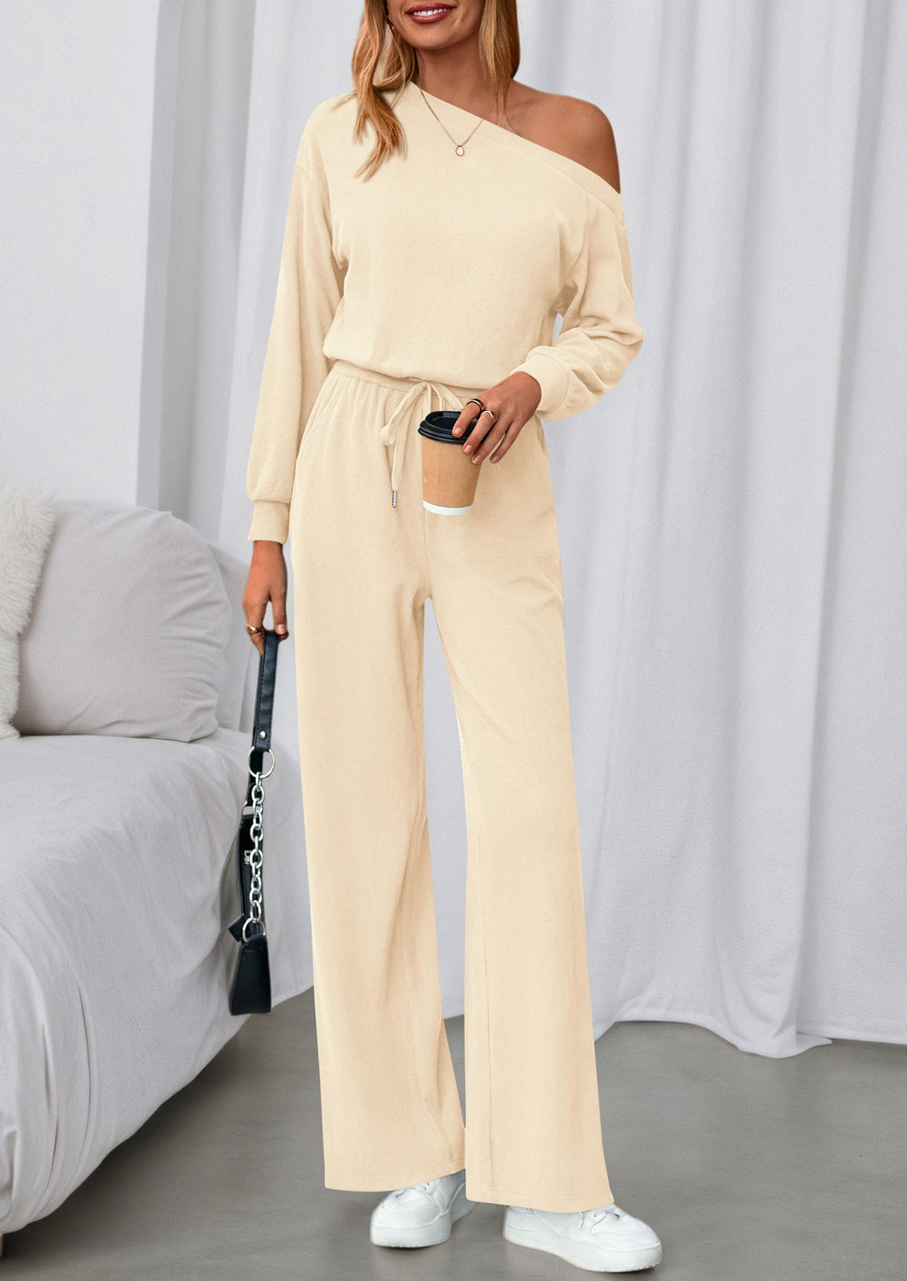 PRETTYGARDEN Long Sleeve Jumpsuit For Women Dressy Off Shoulder One Piece Loose Wide Leg Jumpsuits Casual Flowy Romper