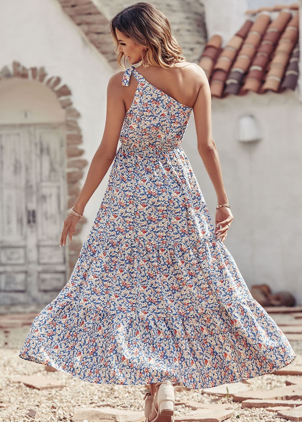 PRETTYGARDEN Women's Summer Floral One Shoulder Maxi Dress Knot Ruffle Boho Beach Vacation Wedding Guest Long Sun Dresses