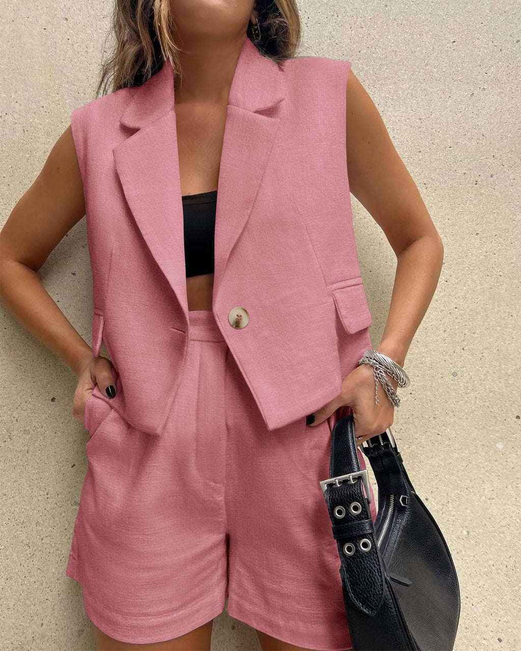 FreshPretty 2 Piece Sets for Women Summer Outfits Business Casual Vest and Shorts Set Lightweight Sleeveless Matching Clothes