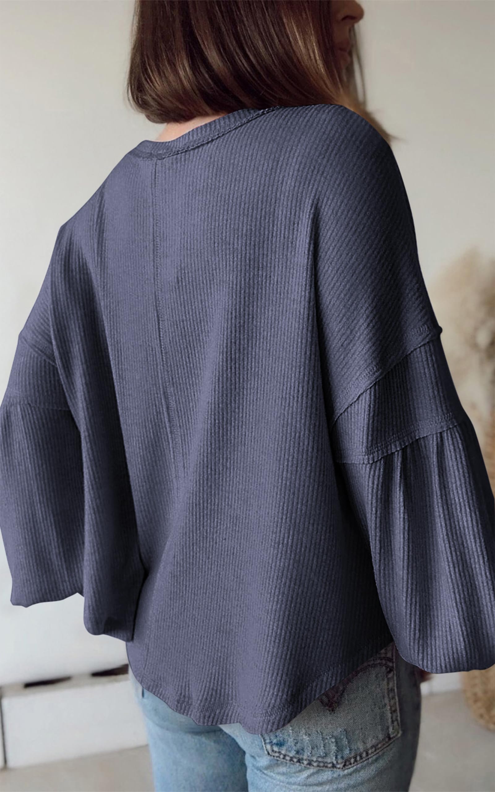 FreshPretty Womens Fall Fashion Long Sleeve Shirts Casual V Neck Ribbed Knit Blouses Pullover Trendy Loose Fit Tunic Tops