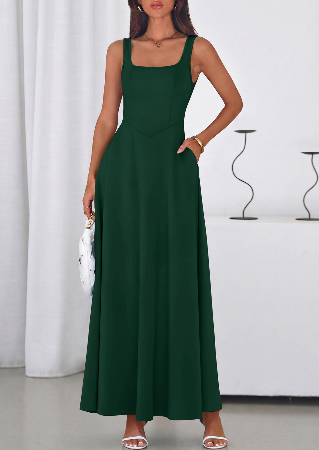 PRETTYGARDEN Womens Summer Dresses Sleeveless Elegant Square Neck Aline Swing Maxi Beach Wedding Guest Dress Pockets