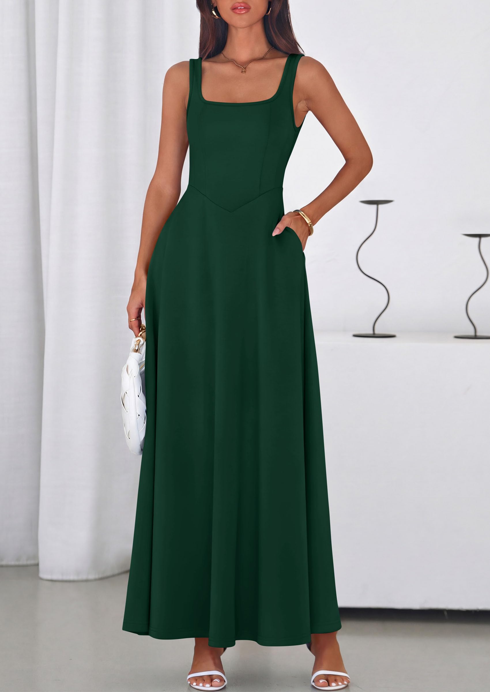 PRETTYGARDEN Womens Summer Dresses Sleeveless Elegant Square Neck Aline Swing Maxi Beach Wedding Guest Dress Pockets