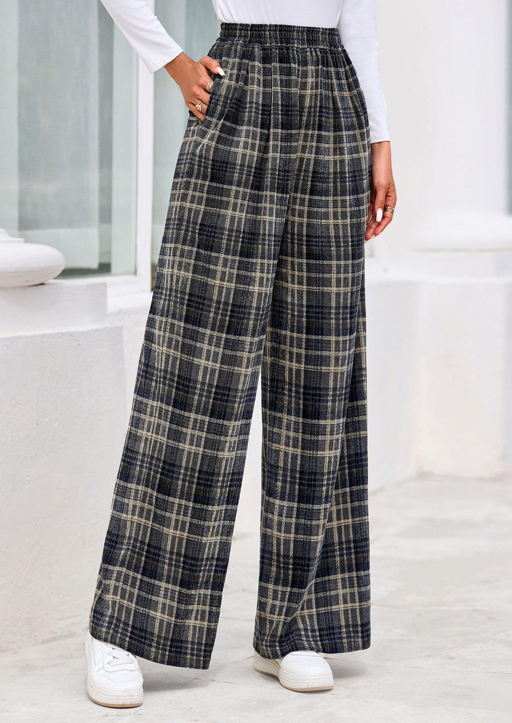 PRETTYGARDEN Casual Women's Pants Elastic Waist Palazzo Long Pajama Wide Leg Trousers Knit Fall Outfits with Pockets