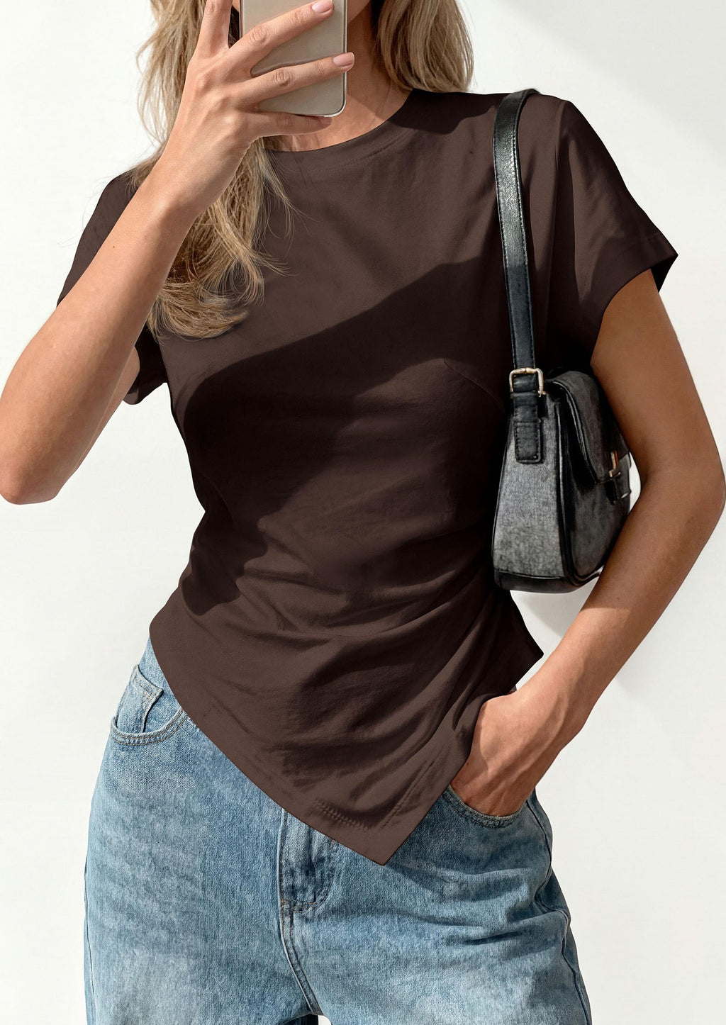 PRETTYGARDEN Womens Short Sleeve Crew Neck Trendy Shirts Spring Summer Y2K Going Out Tops Asymmetrical Ruched Blouse