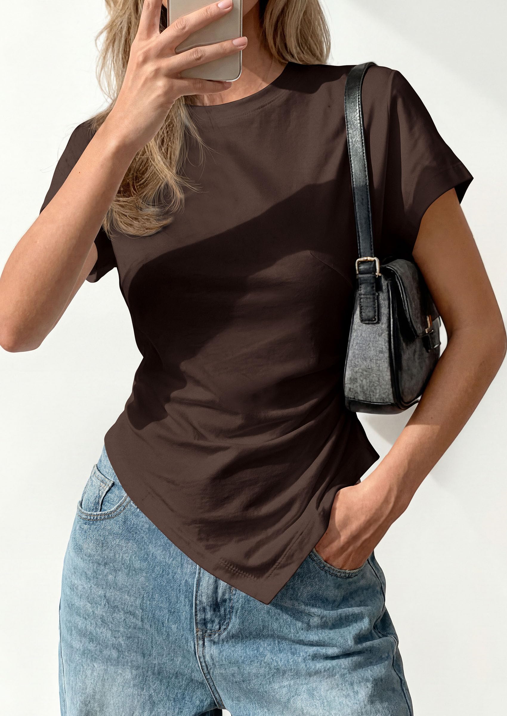 PRETTYGARDEN Womens Short Sleeve Crew Neck Trendy Shirts Spring Summer Y2K Going Out Tops Asymmetrical Ruched Blouse