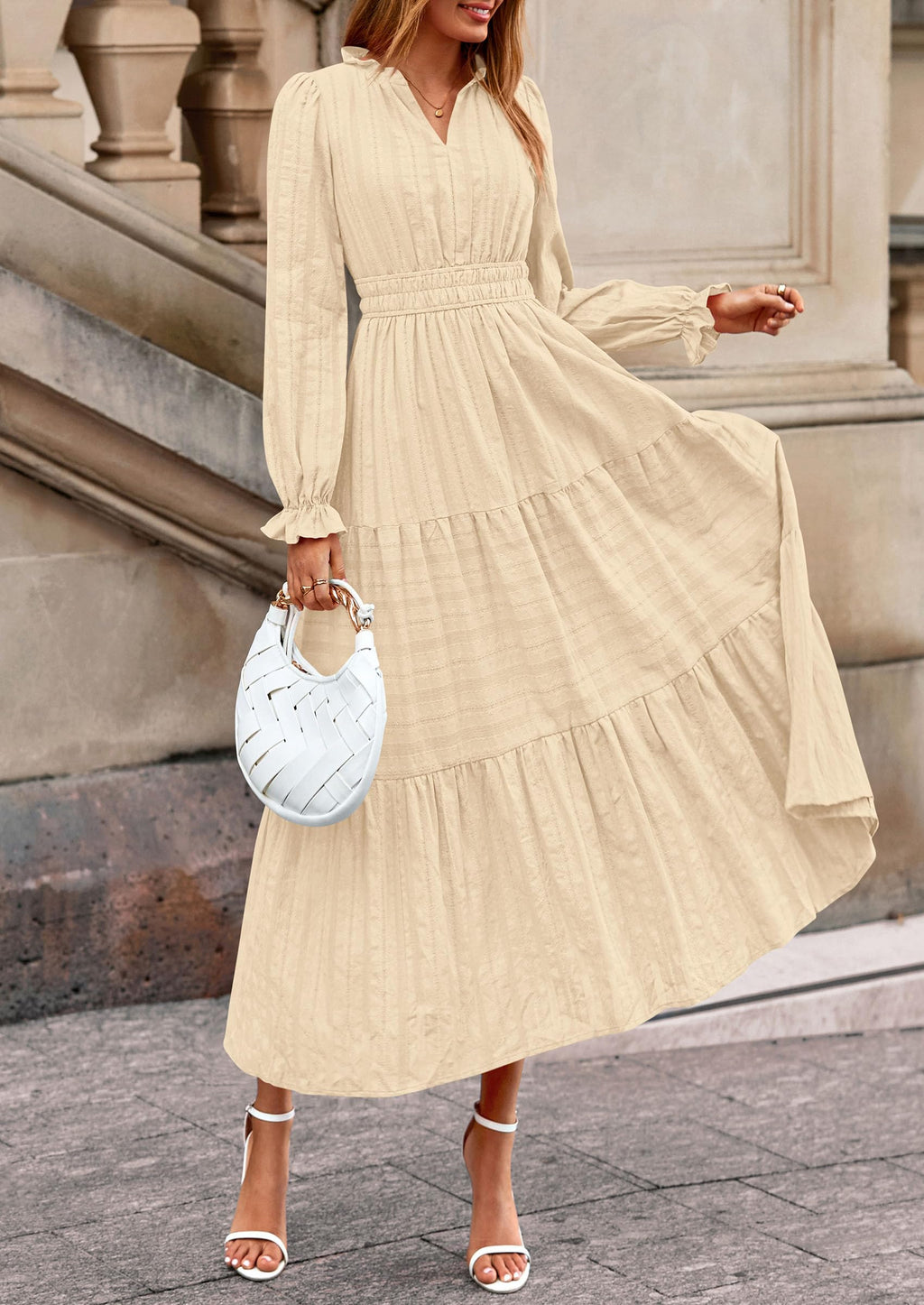PRETTYGARDEN Women's Fall Wedding Guest Dresses Long Sleeve V Neck Flowy Elegant Holiday Party Maxi Dress with Pockets