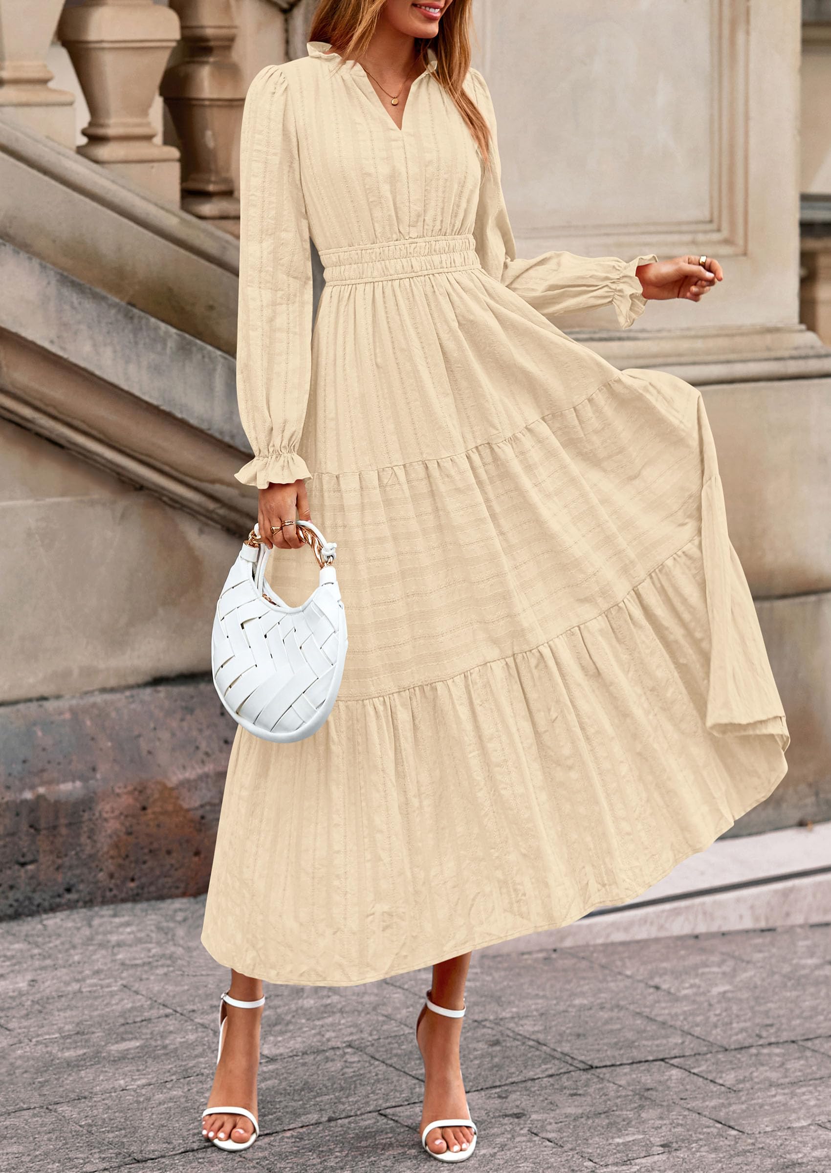PRETTYGARDEN Women's Fall Wedding Guest Dresses Long Sleeve V Neck Flowy Elegant Holiday Party Maxi Dress with Pockets