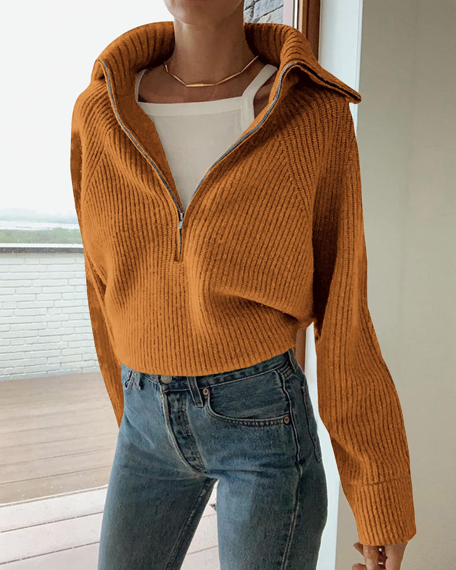 BTFBM Womens Sweaters Quarter Zip Pullover V Neck Collar Long Sleeve Ribbed Knit Loose Casual Winter Fall Sweater