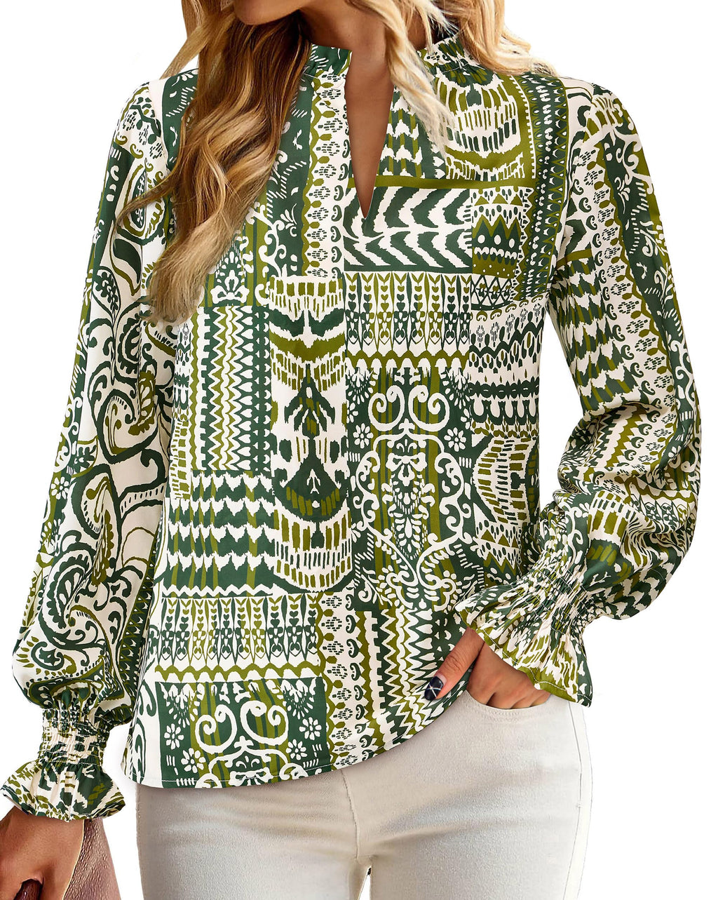 FreshPretty Womens V Neck Floral Long Sleeve Tops Summer Casual Loose Puff Sleeve Chiffon Boho Work Blouse Dressy T Shirts