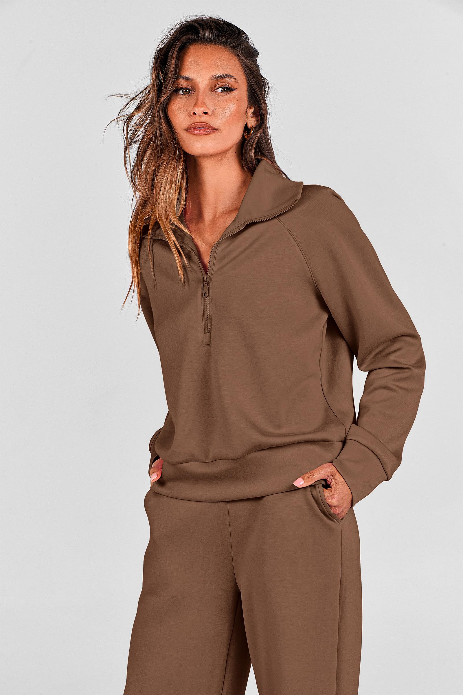 PRETTYGARDEN Women's 2 Piece Outfits Casual Lapel Half Zip Sweatshirts and Wide Leg Pants Tracksuit Sets