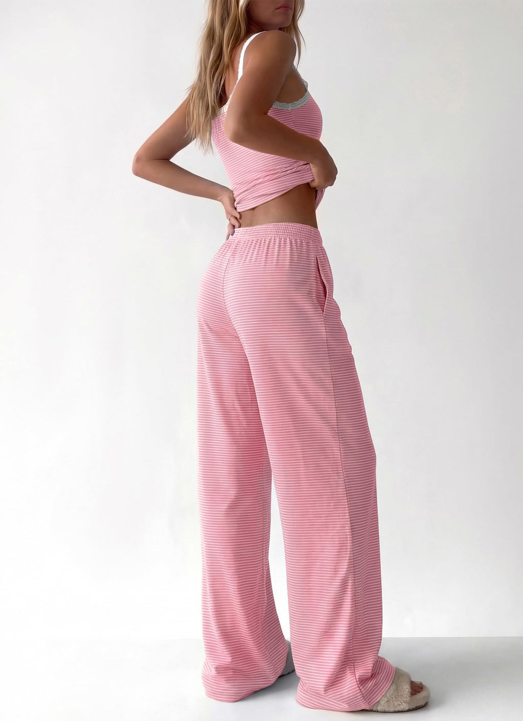 BTFBM Lounge Sets For Women Striped 2 Piece Pajama Sets Spaghetti Strap Tops Wide Leg Pants Beach Vacation Outfits