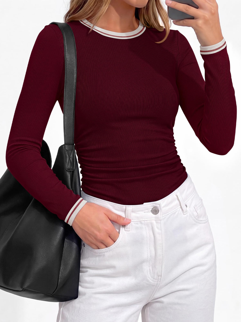 BTFBM Ribbed Long Sleeve Shirts for Women Fitted Underscrub Contrasting Crew High Neck, Ruched Side, Y2k Going Out Tops, Date Night Outfit, Work Top, Winter Fall Fashion Clothing