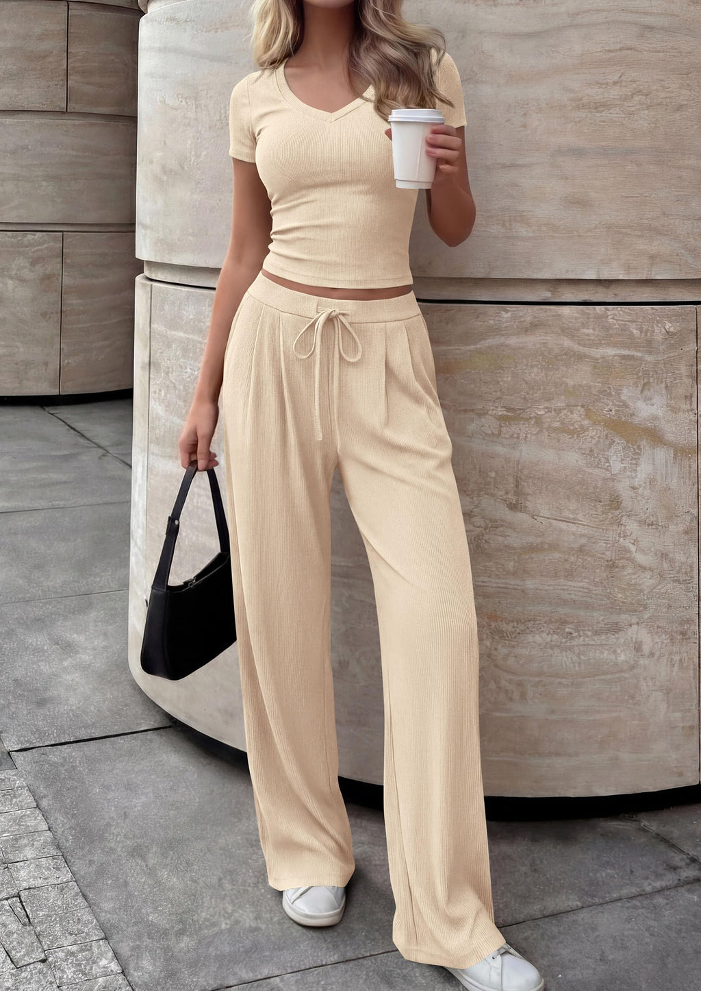 PRETTYGARDEN 2 Piece Sets for Women Summer Spring Lounge Set Matching V Neck Tops Wide Leg Pants Airport Travel Outfits