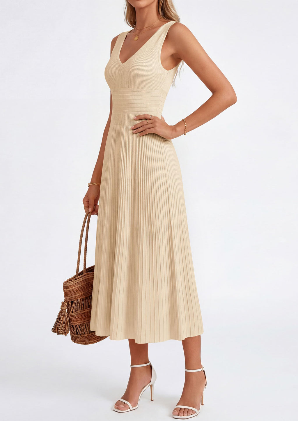 PRETTYGARDEN Women's Summer Casual Dresses Spring Sleeveless V Neck Knit Midi Business Work A Line Cocktail Dress