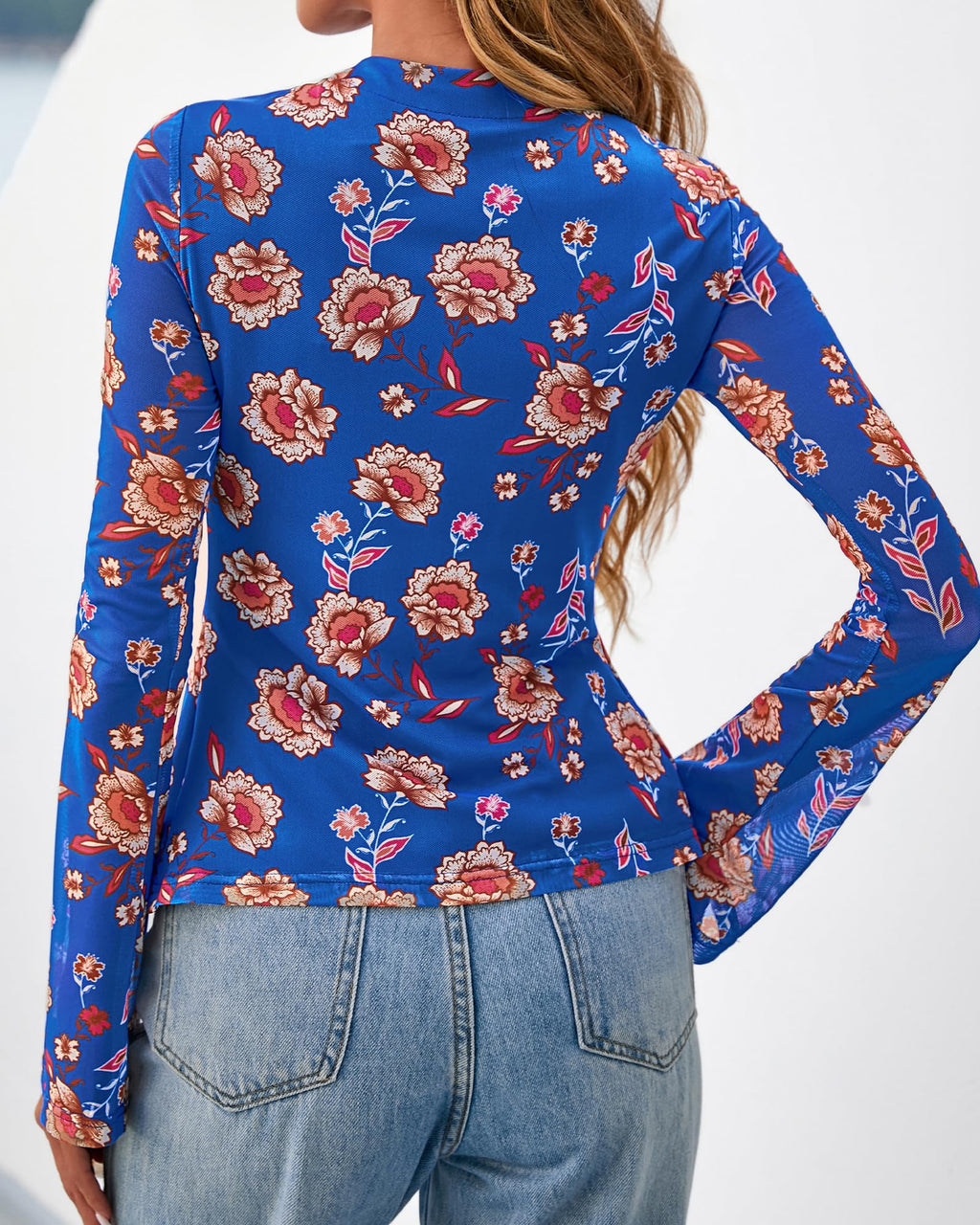 BTFBM Button Down Shirts for Women Spring Boho Tops V Neck Long Sleeve Blouses Ruched Mesh Fitted Fall Fashion